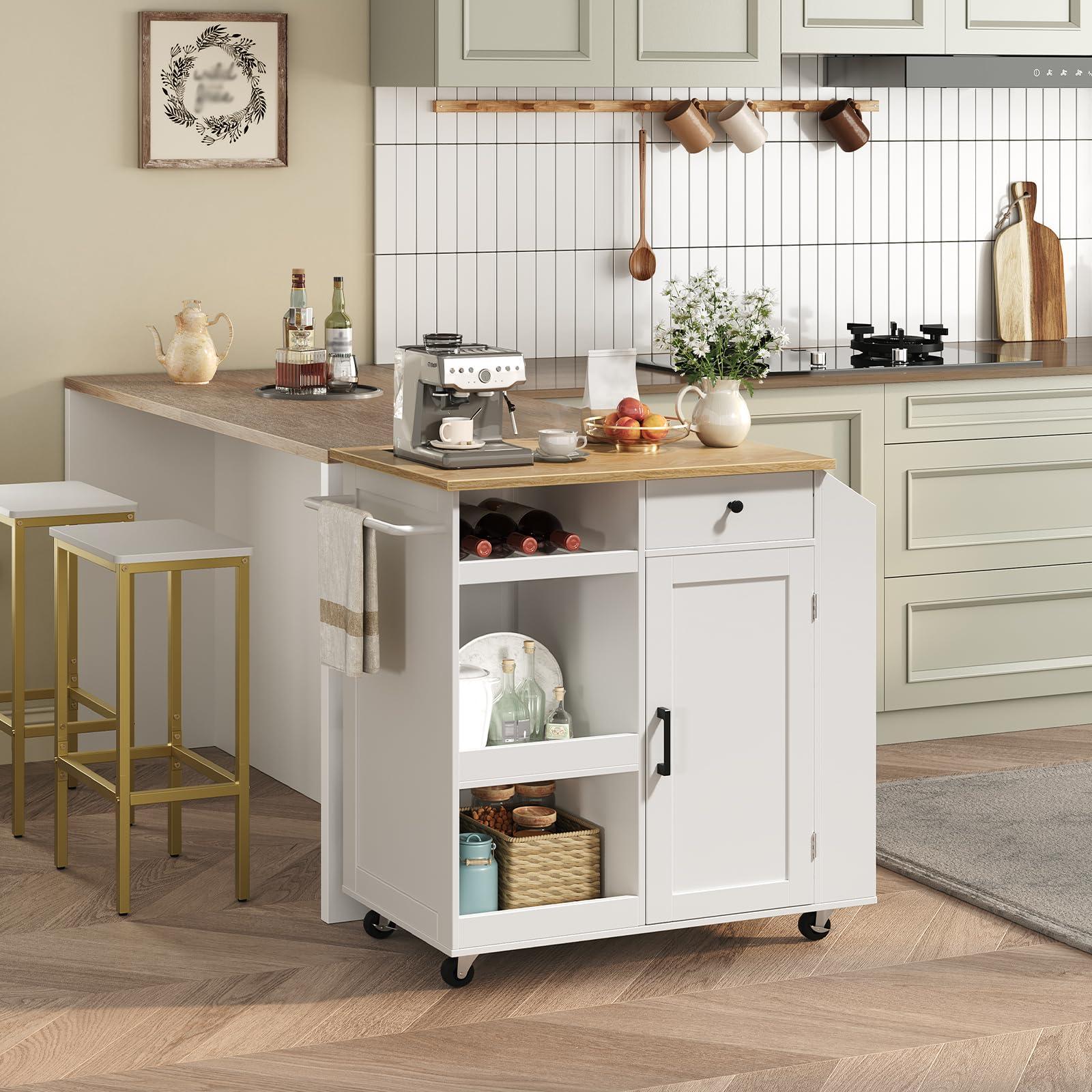 MAHANCRIS Kitchen Island with Power Outlet, Kitchen Island Cart with Drawer, Island Table for Kitchen, Spice Rack, Towel Rack, Wine Rack, for Dining Room, White and Natural KINW122E01N1 - Image 9