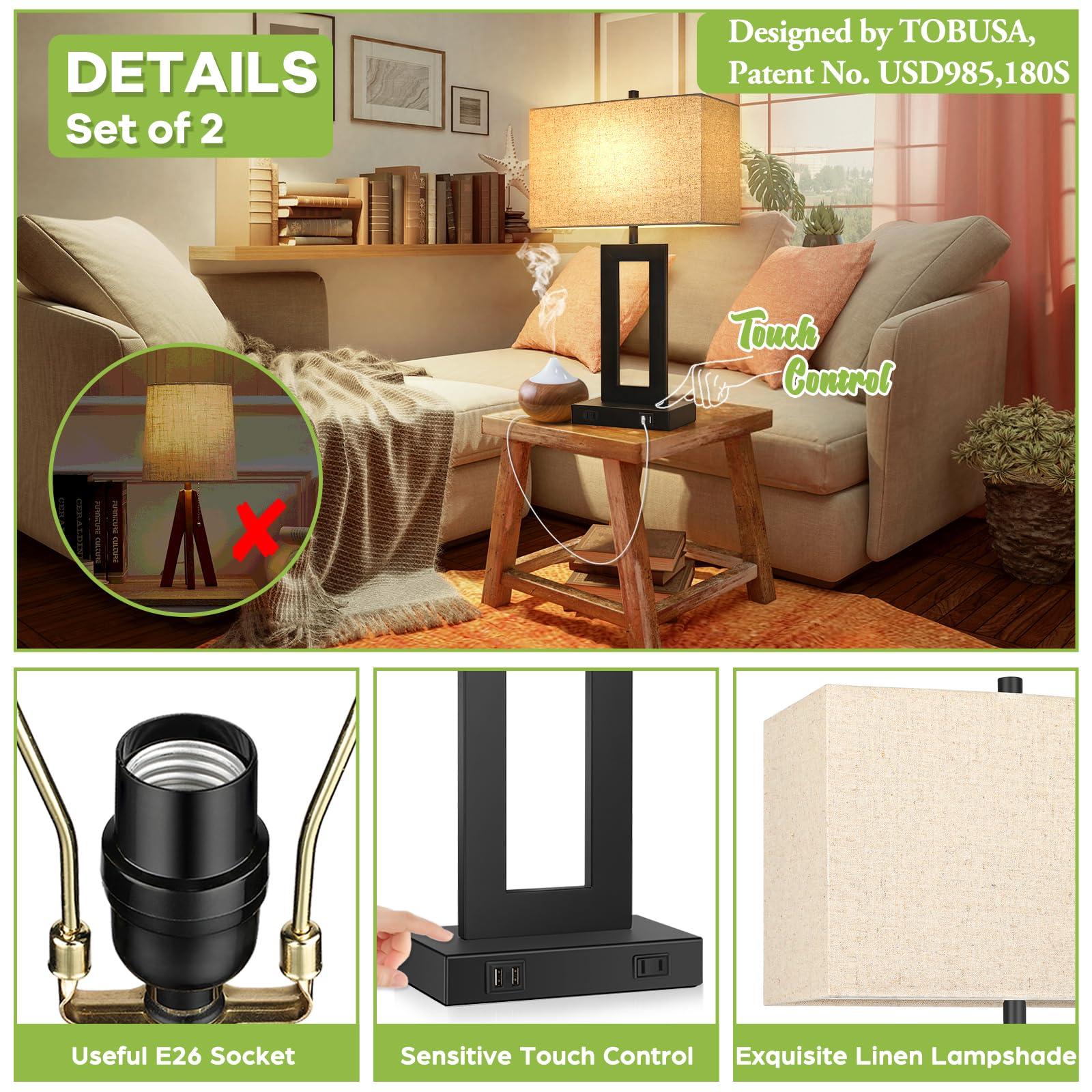 Set of 2 Touch Control Table Lamp with 2 USB Ports, 3-Way Dimmable Modern Nightstand Lamp Sets Bedside Touch Desk Lamp with Fabric Cream Shade For Bedroom Table Living Room Reading, Included Bulbs - Image 5