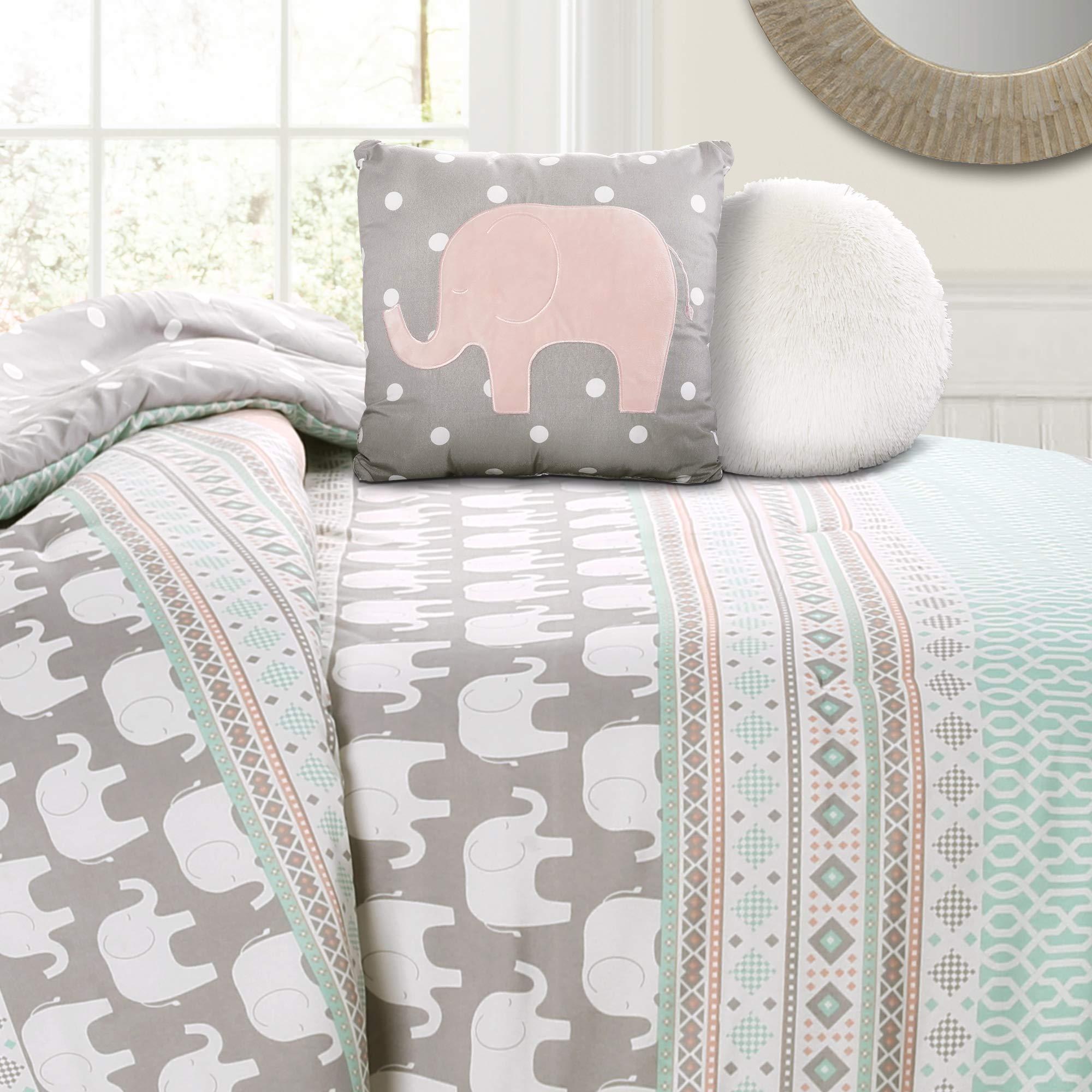 Lush Decor Pink-and-Turquoise Elephant Striped 4-Piece Comforter Bed Set, Reversible Bedding (Twin) - Image 3