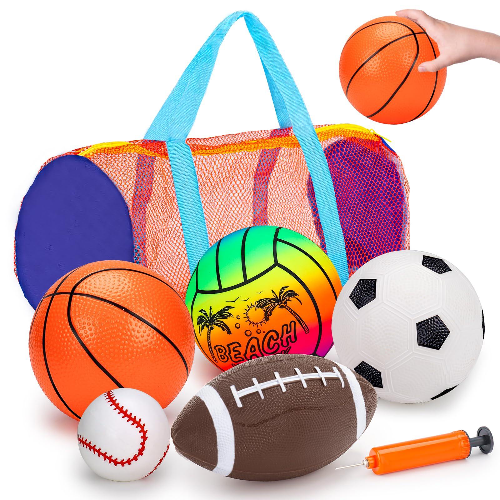 5 Pack Sports Balls Set for Kids with Bag Balls for Toddlers 1-3 Football Soccer Basketball Baseball Volleyball Outdoor Toys Sport Bouncy Playground Kickball Hand Pump Outside Toddler 1-3 2-4 3-5 Gift