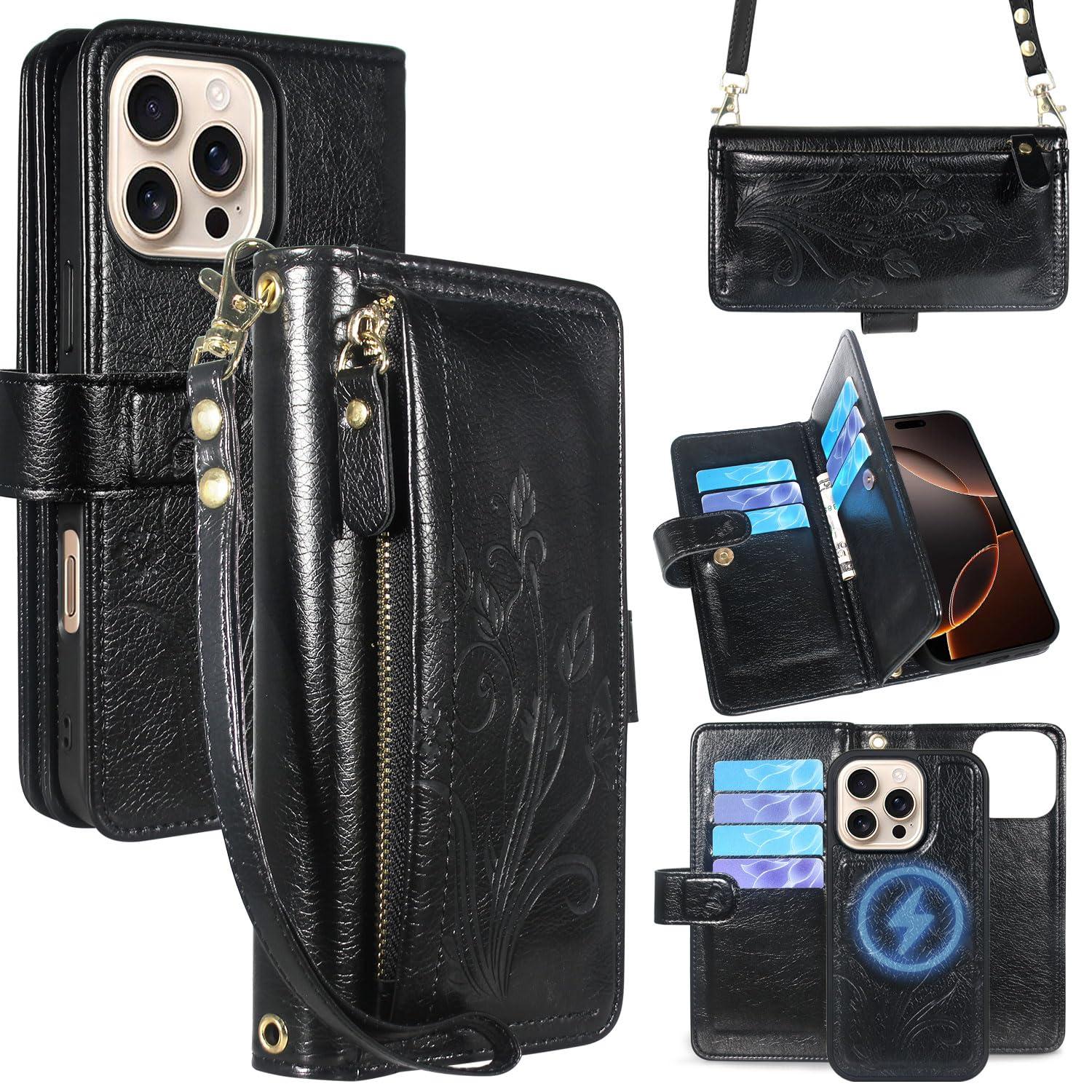 Lacass for iPhone 16 Pro 6.3 inch Detachable Crossbody Wallet Case,Compatible with Wireless Charging, [Cards Theft Scan Protection], Magnetic Case Stand PU Leather Zipper(Floral Black)