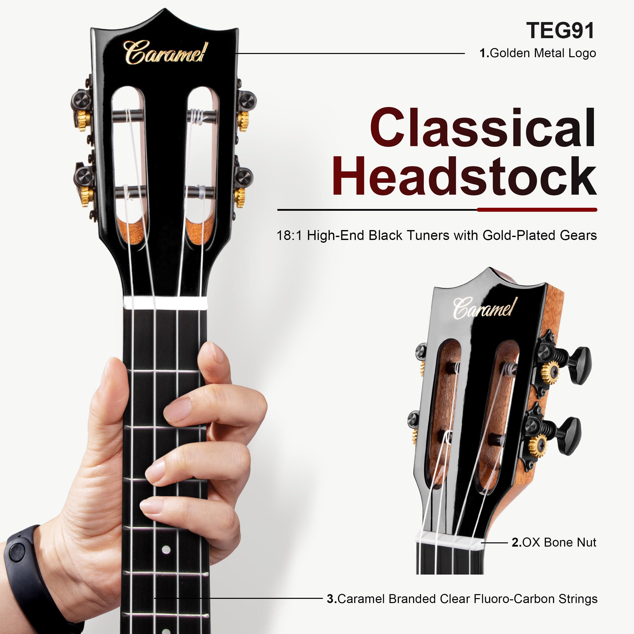 Caramel TEG91 Cuteway Ebony Glossy Tenor Acoustic & Electric Ukulele with Armrest | 26-inch Handmade Professional Ukelele Kit with Accessories - Image 4