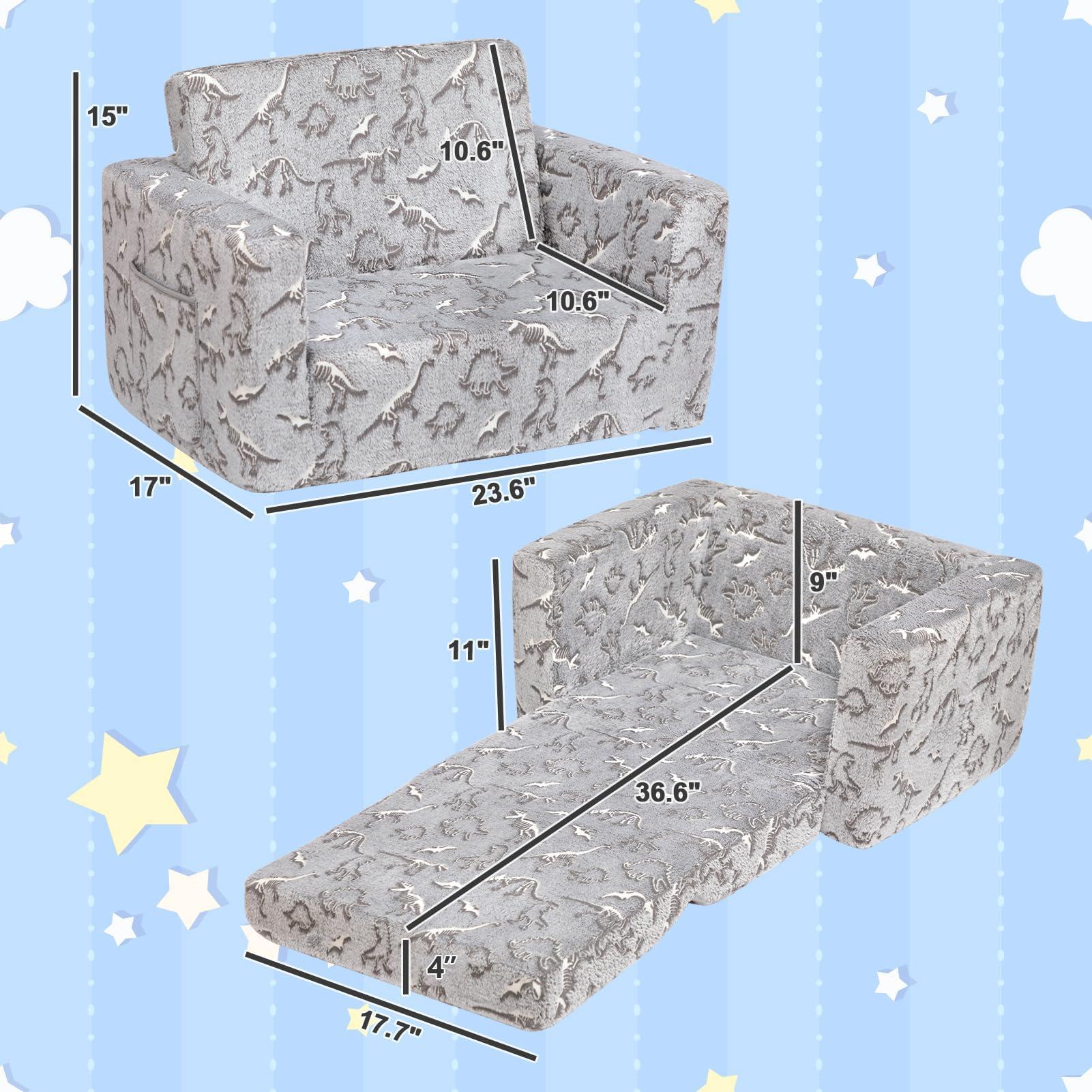 ALIMORDEN 2-in-1 Flip Out Cuddly Sherpa Toddler Couch, Convertible Sofa to Lounger, Glow in The Dark,Dinosaurs - Image 3