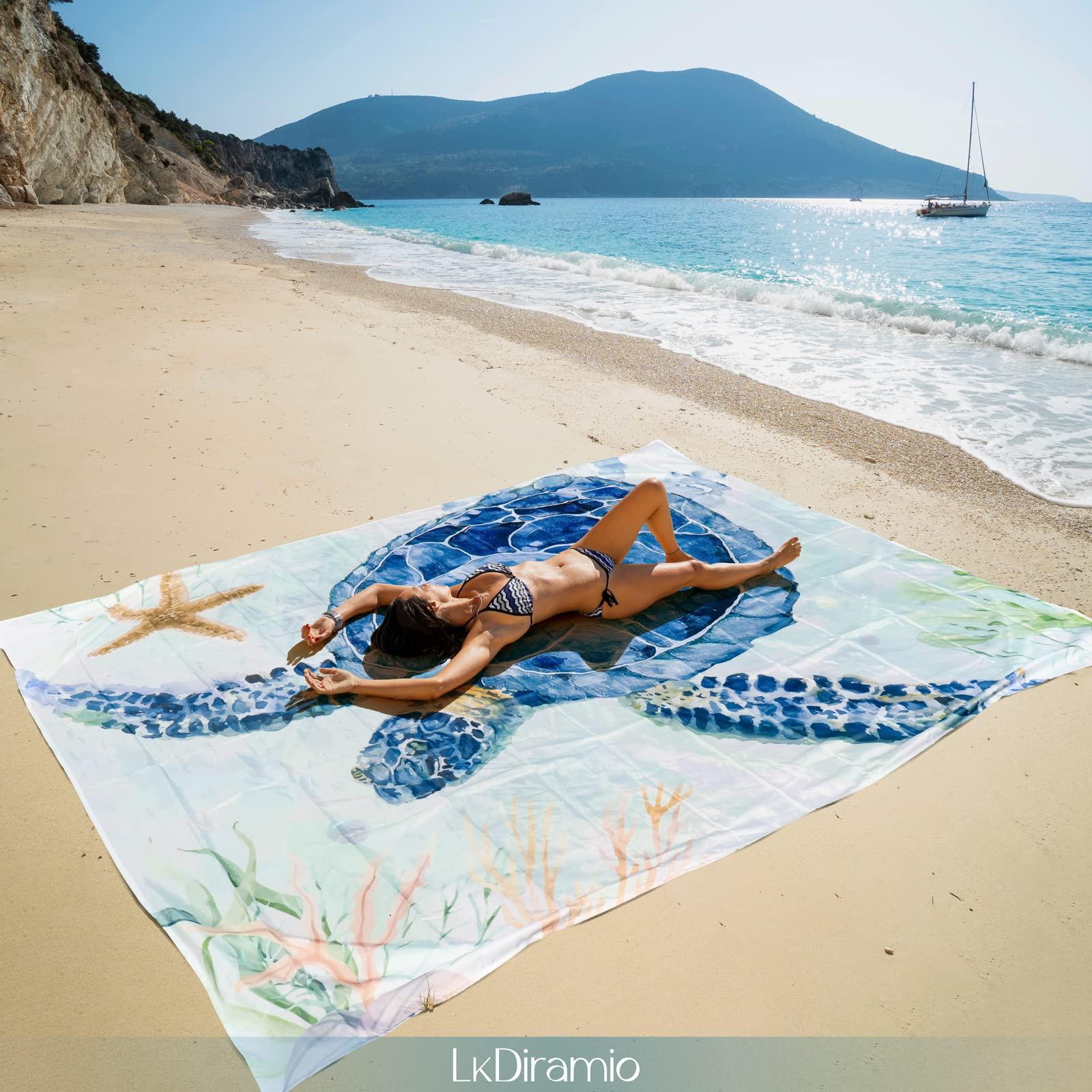 LkDiramio Beach Blanket Sand Proof Waterproof Oversized 100" x 80" Sand Free Mat with Corner Pockets and Mesh Bag for Outdoor, Picnic, Travel, Beach Accessories Portable, Watercolor Turtle - Image 6