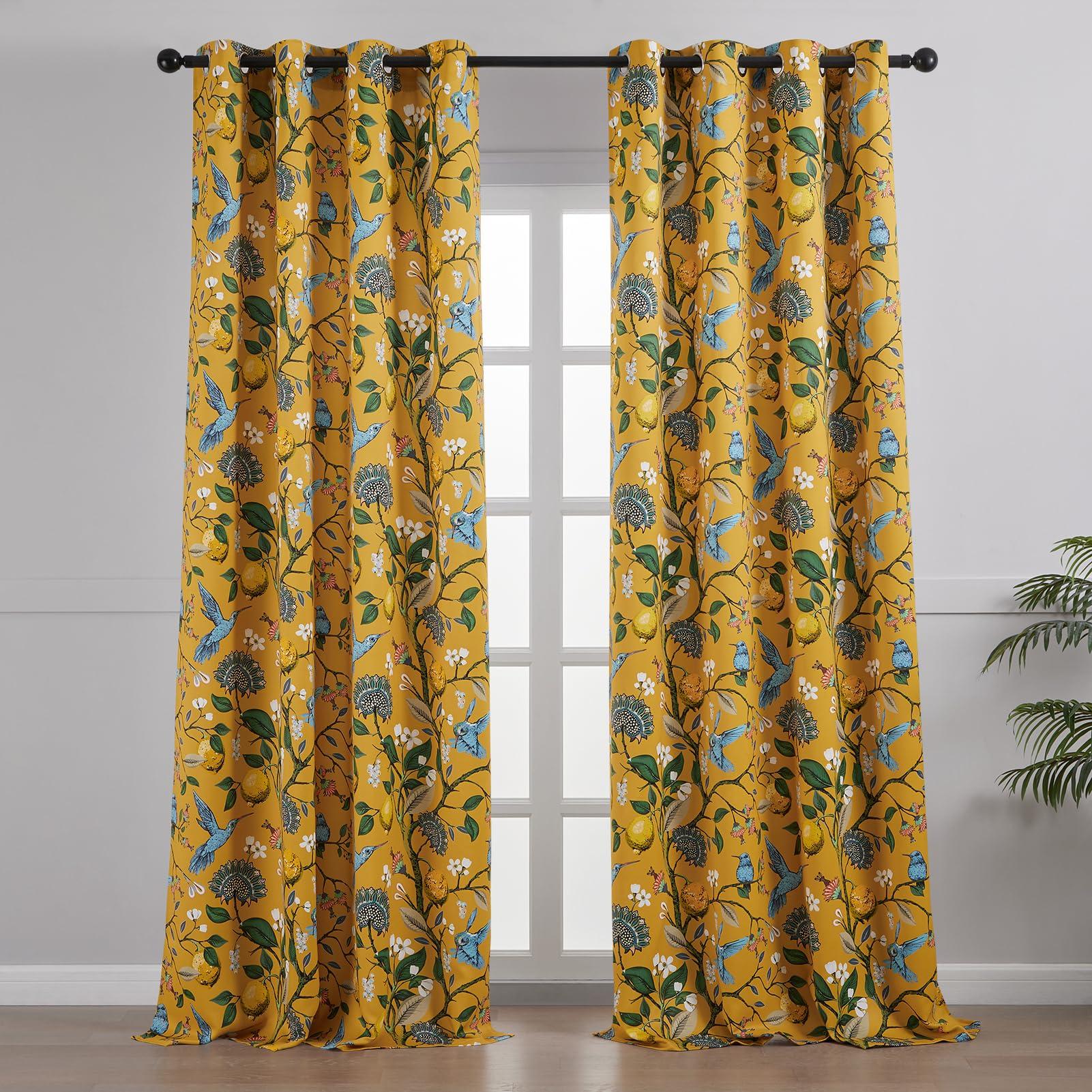 Topfinel Mustard Yellow Vintage Curtains & Drapes 84 Inches Long, Grommet Luxury Whimsical Floral Lemon Hummingbird Patterned Waverly Mid Century Colorful Blackout Drapes for Living Room Bedroom - Image 2