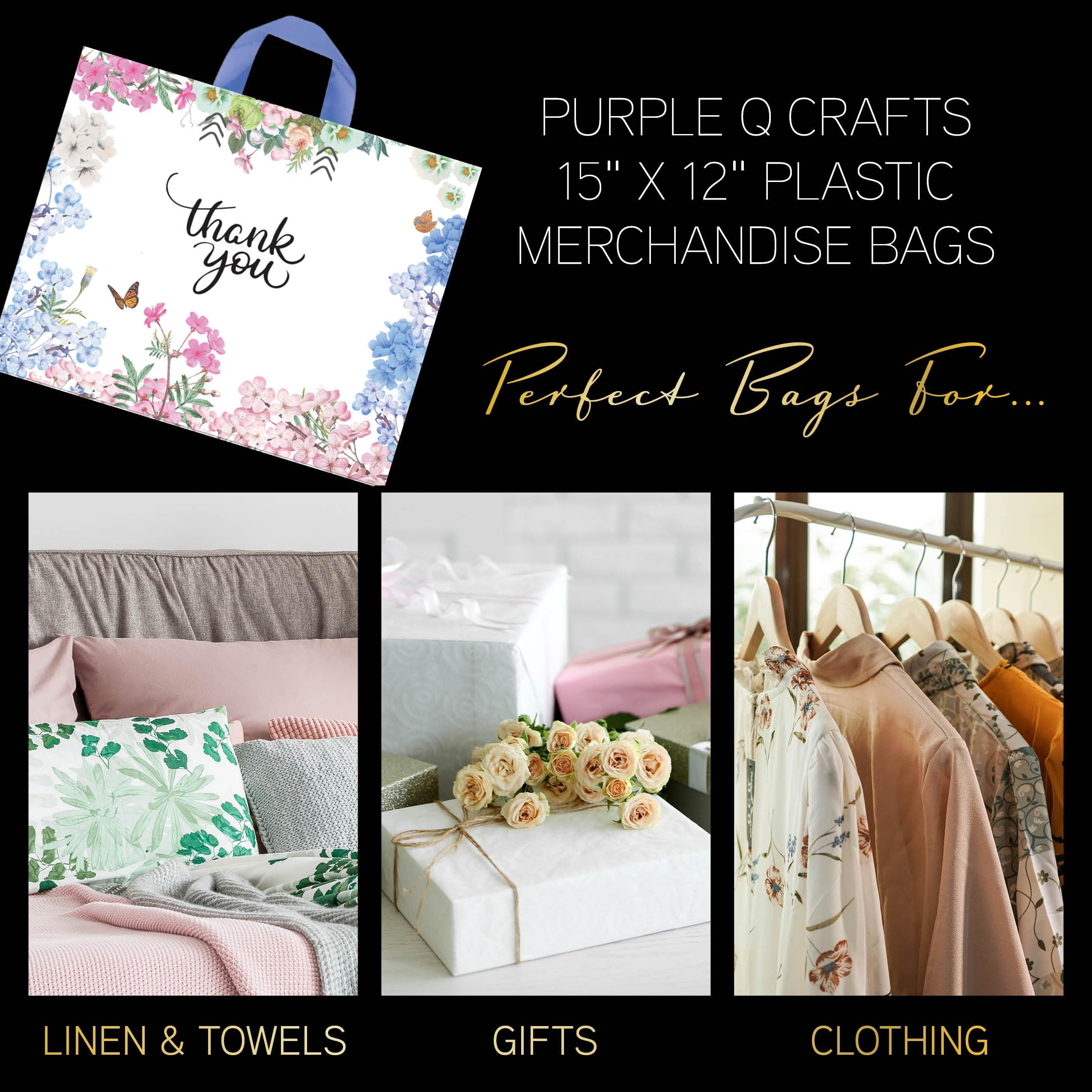 Purple Q Crafts Thank You Bags for Business 50 Pack 15" W x 12" H Floral Plastic Shopping Bags With Soft Loop Handle Thank You Shopping Bag - Image 3
