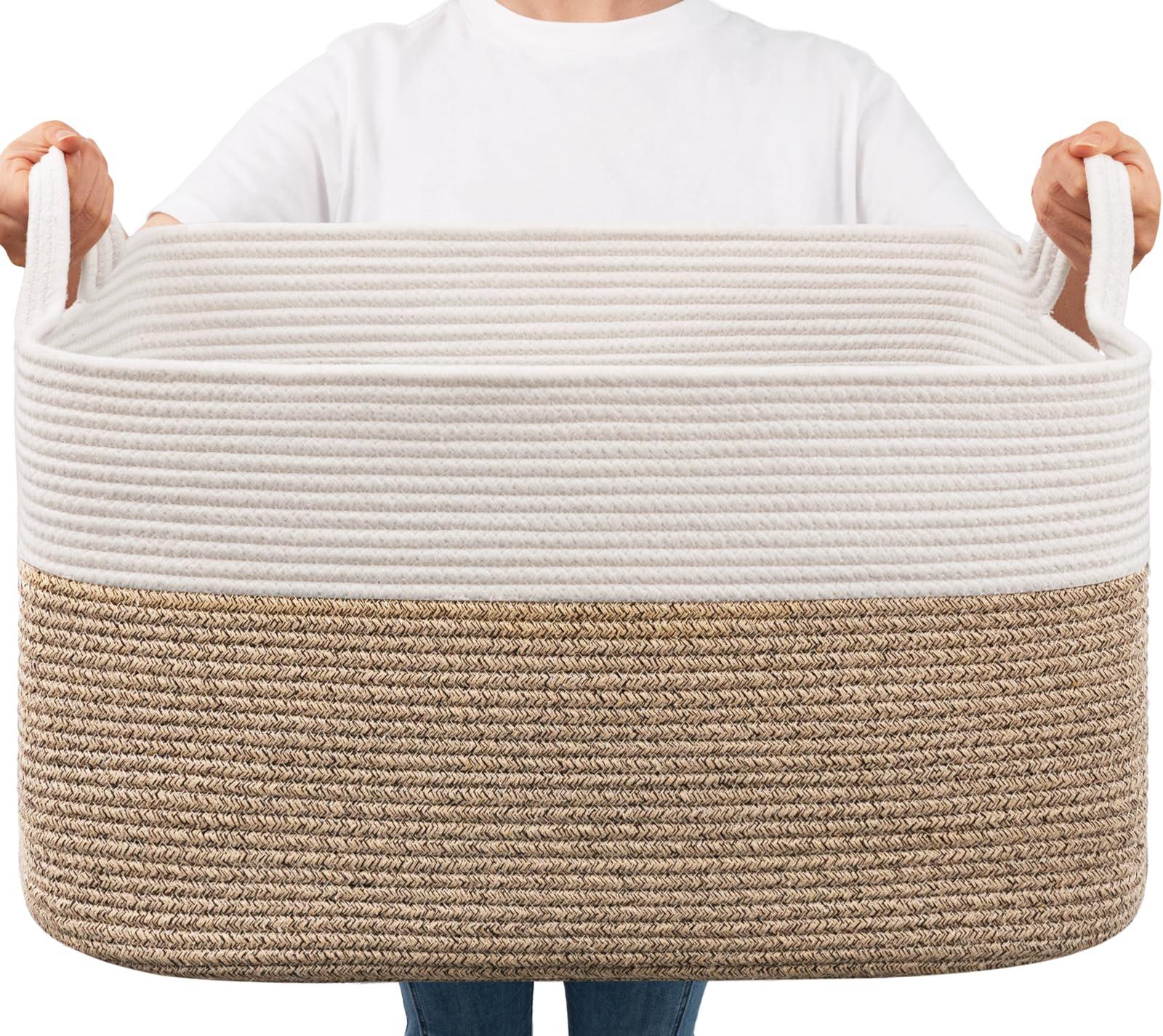 Goodpick Large Woven Blanket Basket, 21.6" x 14.9" x 11.8" Storage Baskets for Organizing, Rectangle Cotton Rope Toy Basket for Living Room, Bedroom, White & Brown