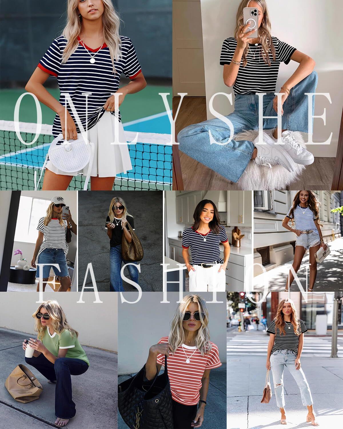 ONLYSHE Womens Short Sleeve Shirts Casual Crewneck Tops Tshirt Basic Tees Summer Fashion Strpied Clothes Outfits Tunic - Image 4