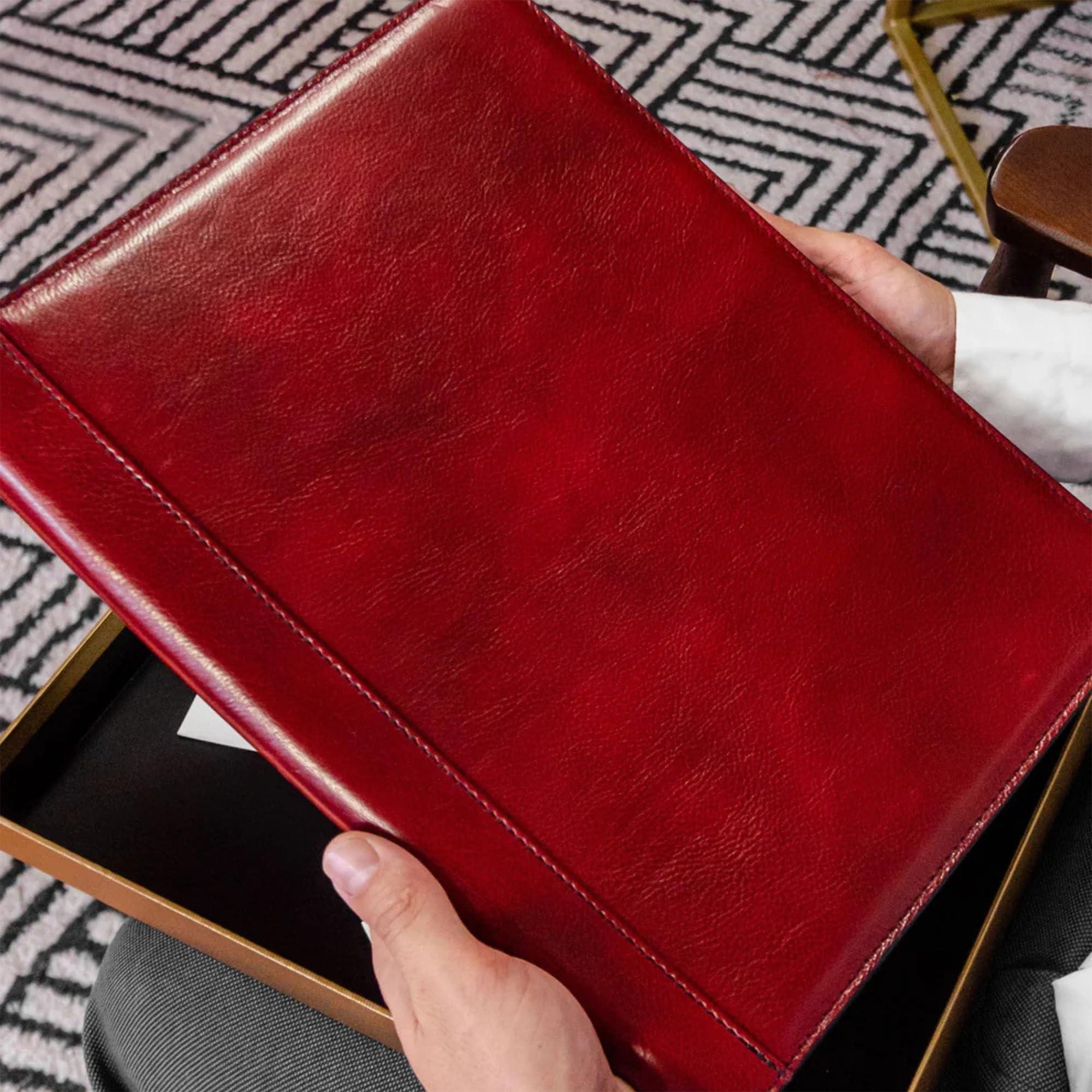 Time Resistance Leather Portfolio - A4 Document Folder - Italian Handcrafted Padfolio Organizer (Red) - Gift Box Included - Image 3