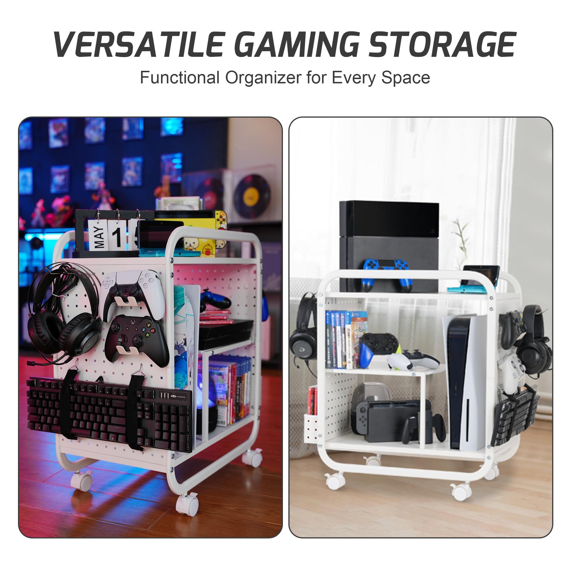 PLKOW Video Game Organizer, Rolling Video Game Storage Rack for Xbox/Switch/PS4/PS5 Accessories, Game Consoles Stand Controllers Holder, Perfect Holiday Present (White) - Image 7