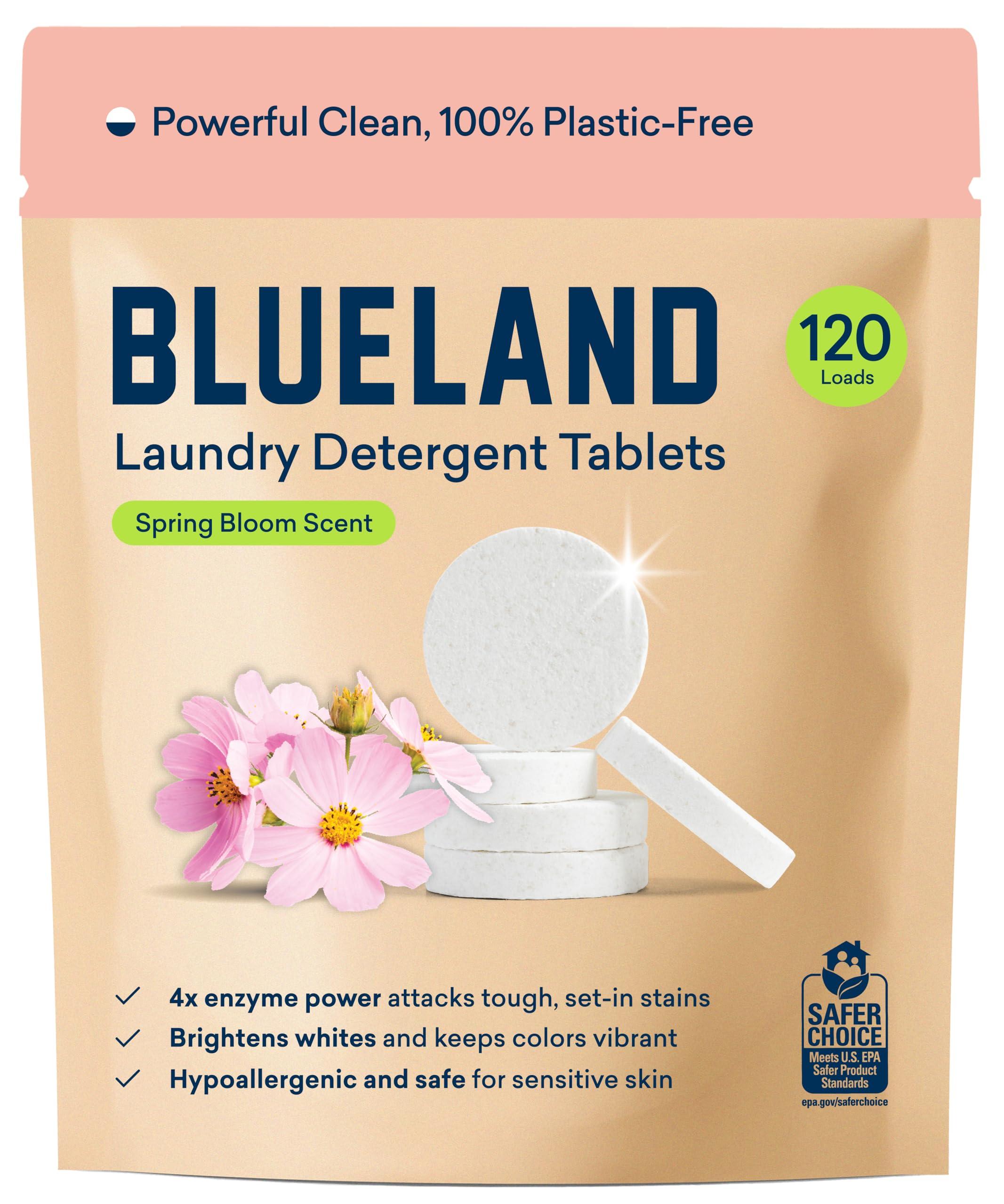 BLUELAND 100% Plastic-Free Laundry Detergent Tablets, 120 Count, Spring Bloom Scent, Plastic-Free Eco-Friendly Pods, Sheets, Liquid Alternative - Natural, Gentle, Non Toxic
