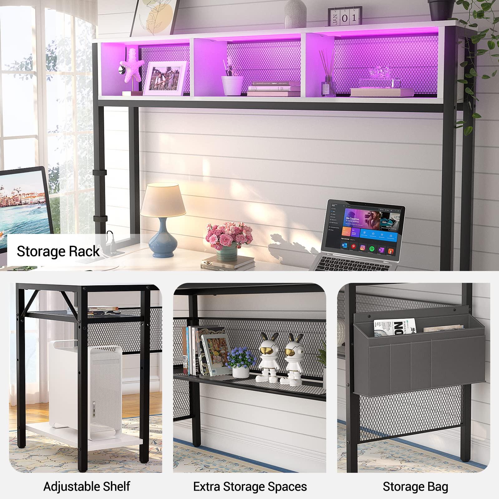 Unikito L Shaped Computer Desk with LED Strip and Power Outlets, Storage Shelves and Bag, Industrial Reversible Gaming Table Writing Corner Desk for Home Office Workstation, White - Image 5