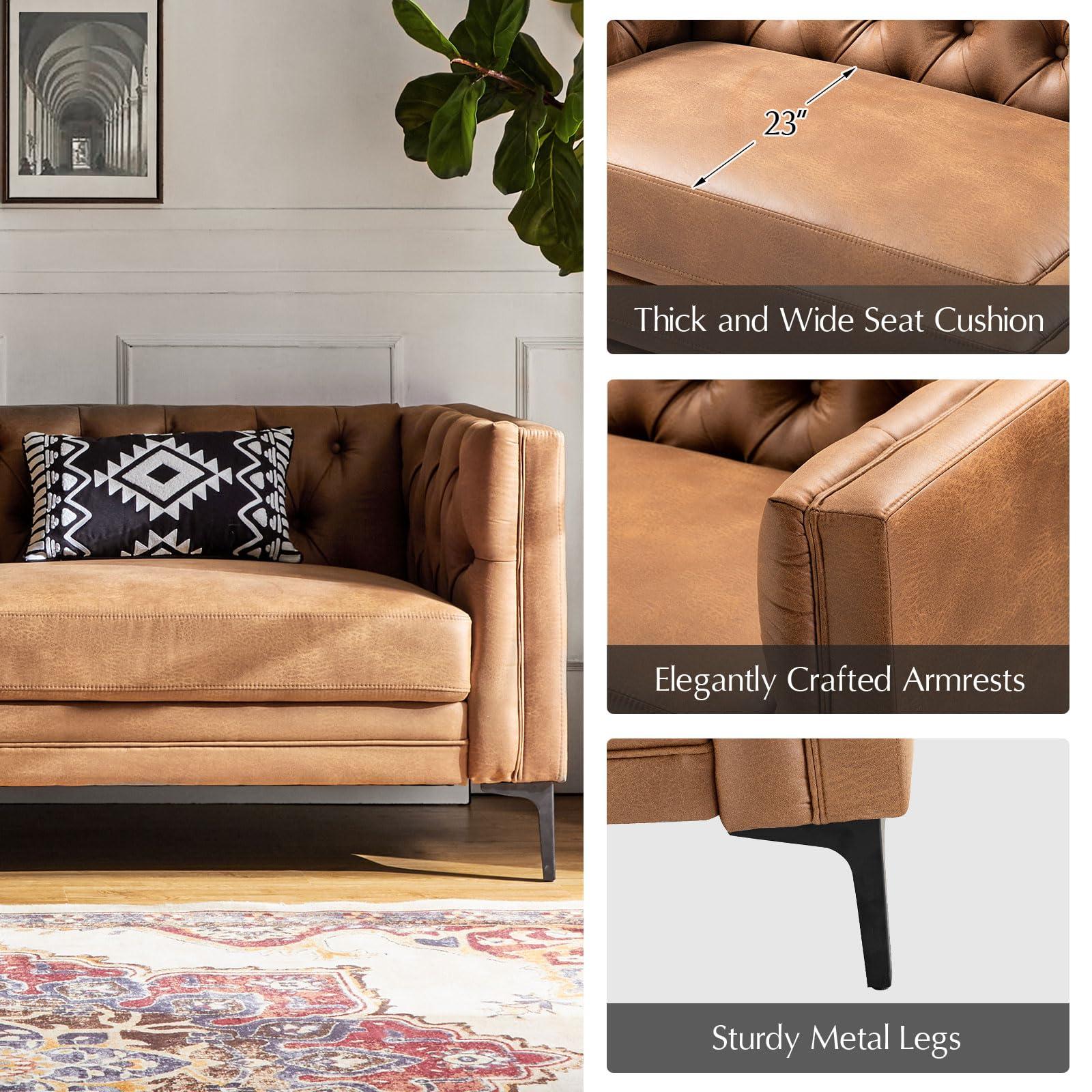 HULALA HOME 84" W Faux Leather Sofa Couch with Metal Legs, Button-Tufted 3-Seater Sofa, Mid Century Modern Upholstered Couch for Living Room, Entertainment Area, Apartment,Camel - Image 4
