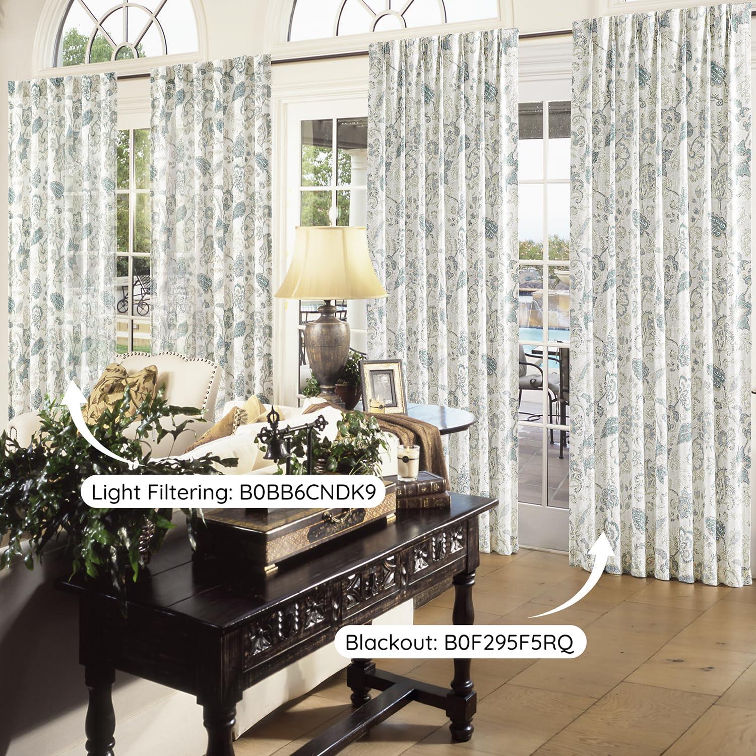 Kayne Studio Backtab Rod Pocket Jacobean Floral Semi Sheer Curtains Boho Botanical Leaf Printed Vintage Farmhouse Blue Grey Light Filtering Window Treatment Sets Living Room Bedroom,52"x84",2 Panels - Image 6