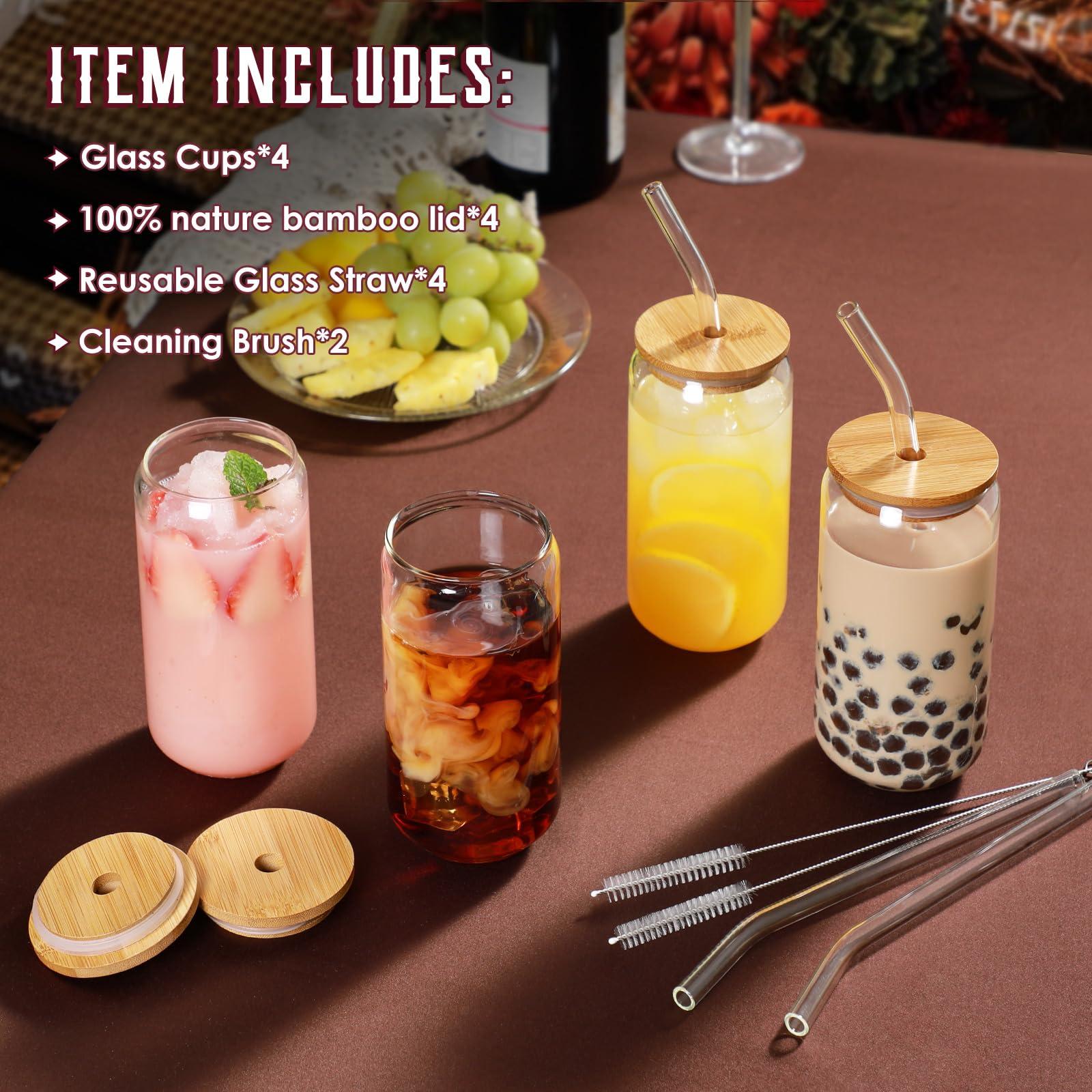 Drinking Glasses with Bamboo Lids and Glass Straw 4pcs Set - 16oz Glass Cups, Iced Coffee Glasses, Cute iced Tea Glasses, Beer Glasses, Ideal for Coffee Bar Accessories, Aesthetic Gift - 2 Brushes - Image 4