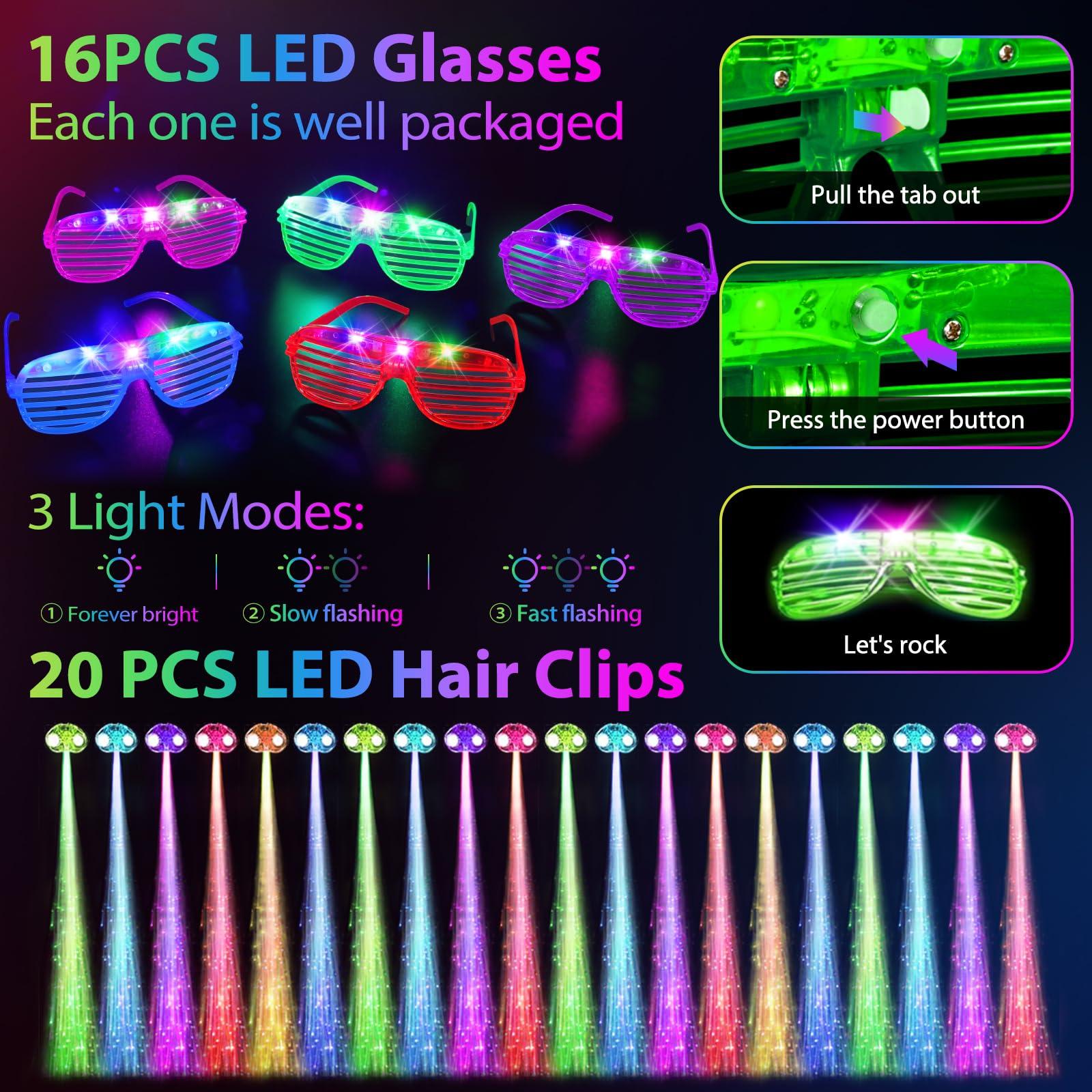302 PCS Glow in the Dark Party Supplies, 20 LED Hair Clips Fiber Optic, 16 LED Glasses, 16 Foam Glow Sticks, 10 Light Up Flower Crowns, 40 Finger Lights,200 Glow Sticks for Glow Party Wedding Birthday - Image 5