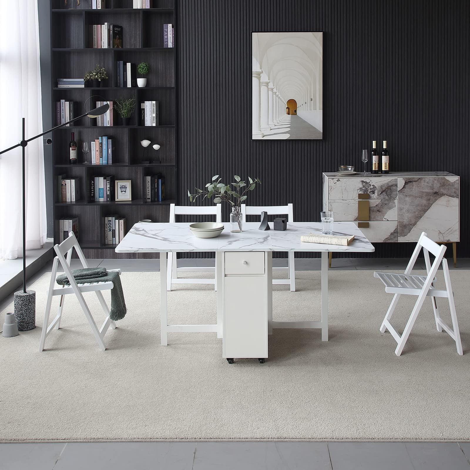 FUNROLUX Folding Dining Table with Rack and 2 Storage Drawers, Movable Extendable Space Saving Kitchen Table in 3 Forms (White) - Image 4