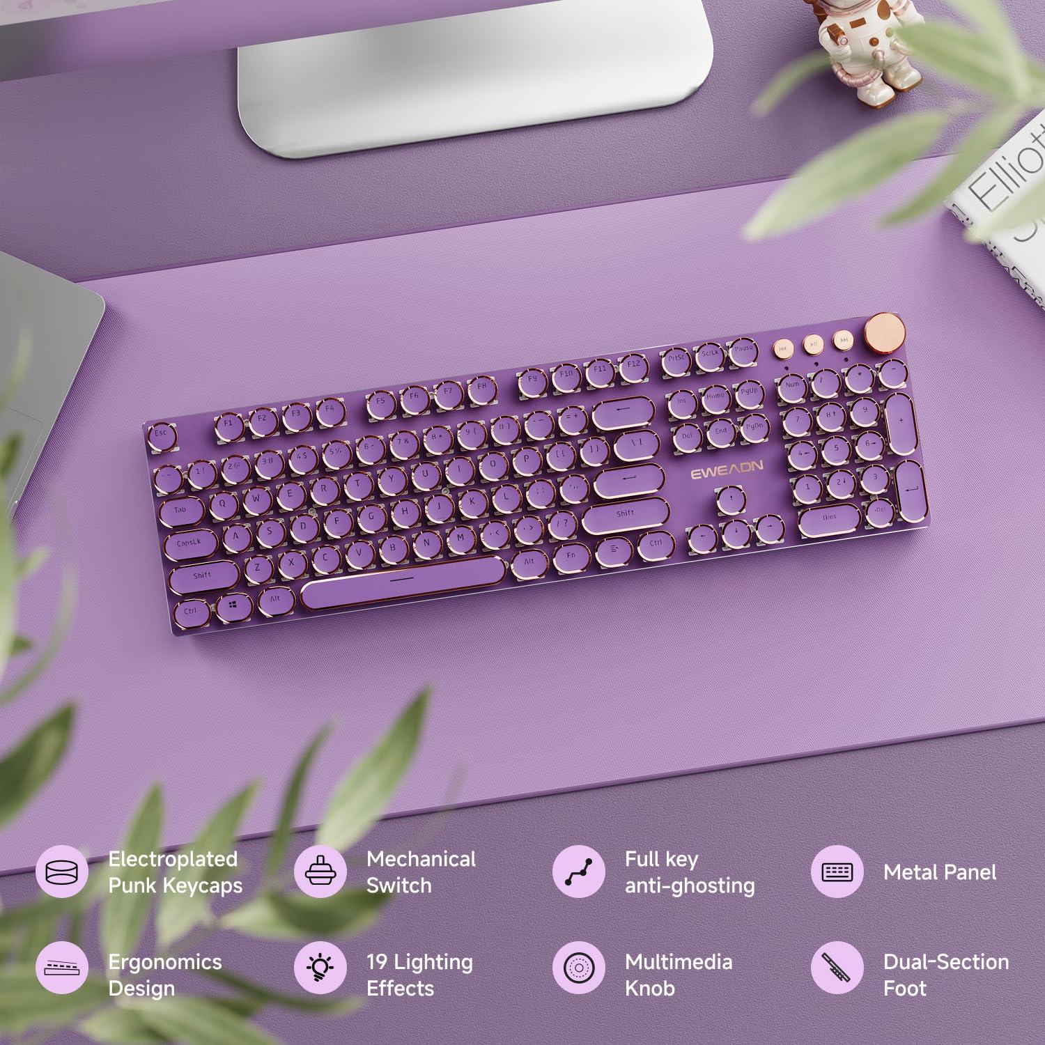 EWEADN Typewriter Style Mechanical Gaming Keyboard, Wired Mechanical Keyboards,104 Keys Backlit LED Keyboards, Media Control Knob, Wired Computer Keyboard Pink Switch for Windows/Mac/PC-Purple - Image 2