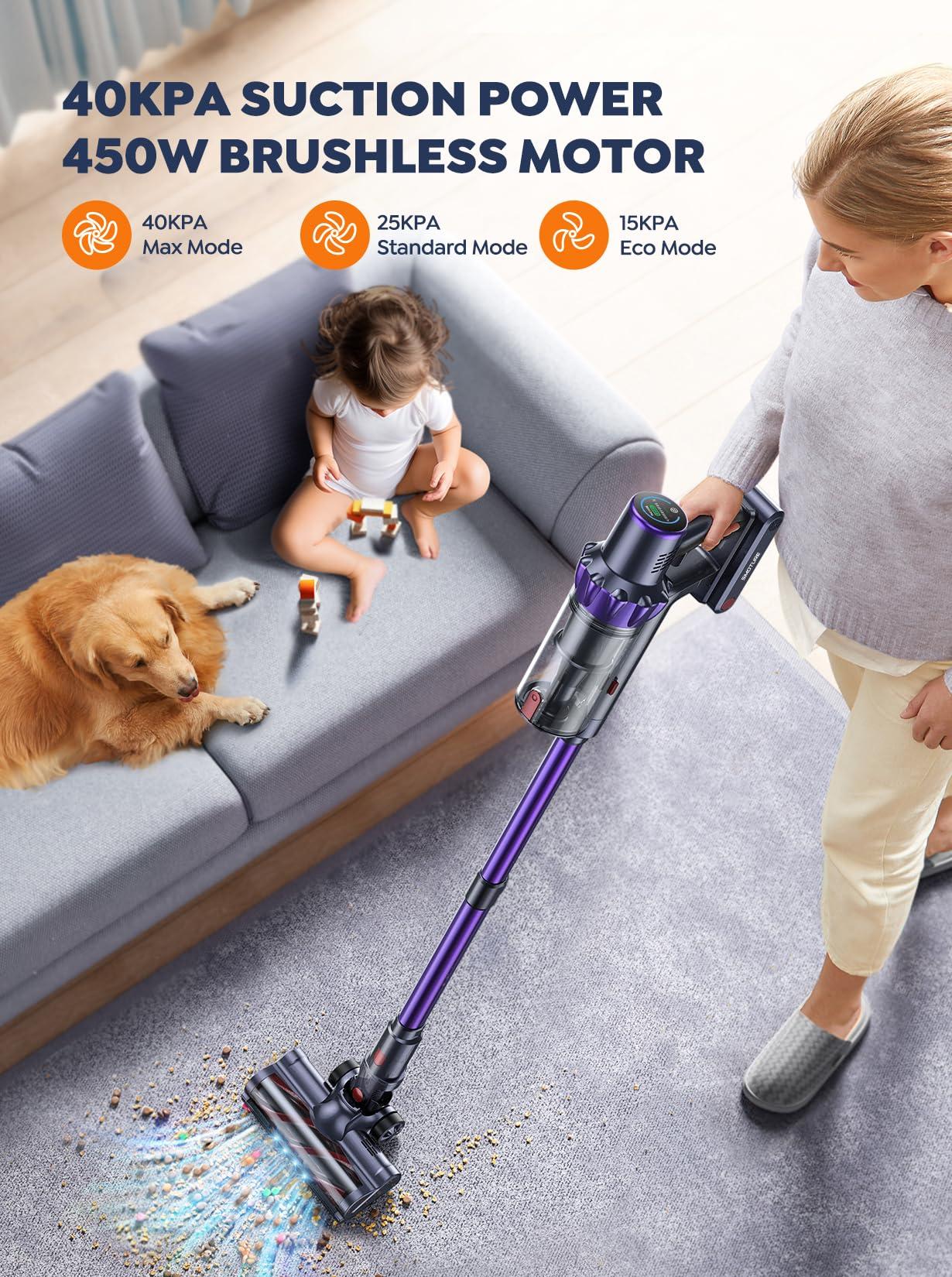 Cordless Vacuum Cleaner, 2 Batteries 110 Mins Runtime Vacuum Cleaners for Home, 40KPA 450W Stick Vacuum with Brushless Motor, Automatically Adjust Suction, Handheld Vacuum for Pet Hair/Carpet/Floor - Image 4