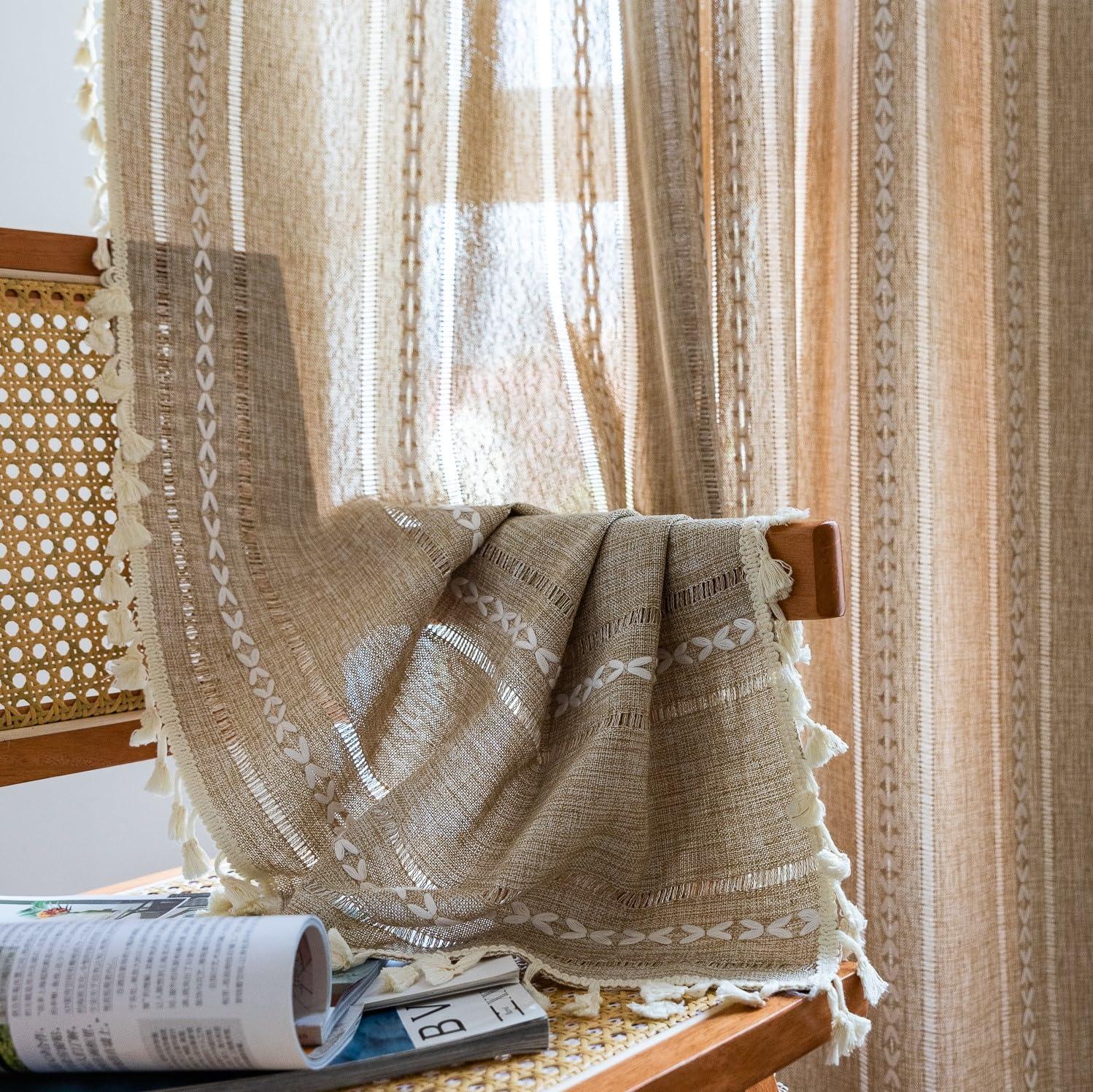 Sutuo Home Boho Curtain for Bedroom Living Room 84 Inches Length, Light Filtering French Country Farmhouse Vintage Chic Tassels Hollow Window Treatment Bohemian Drape, 1 Panel 52" W x 84" L Natural - Image 6