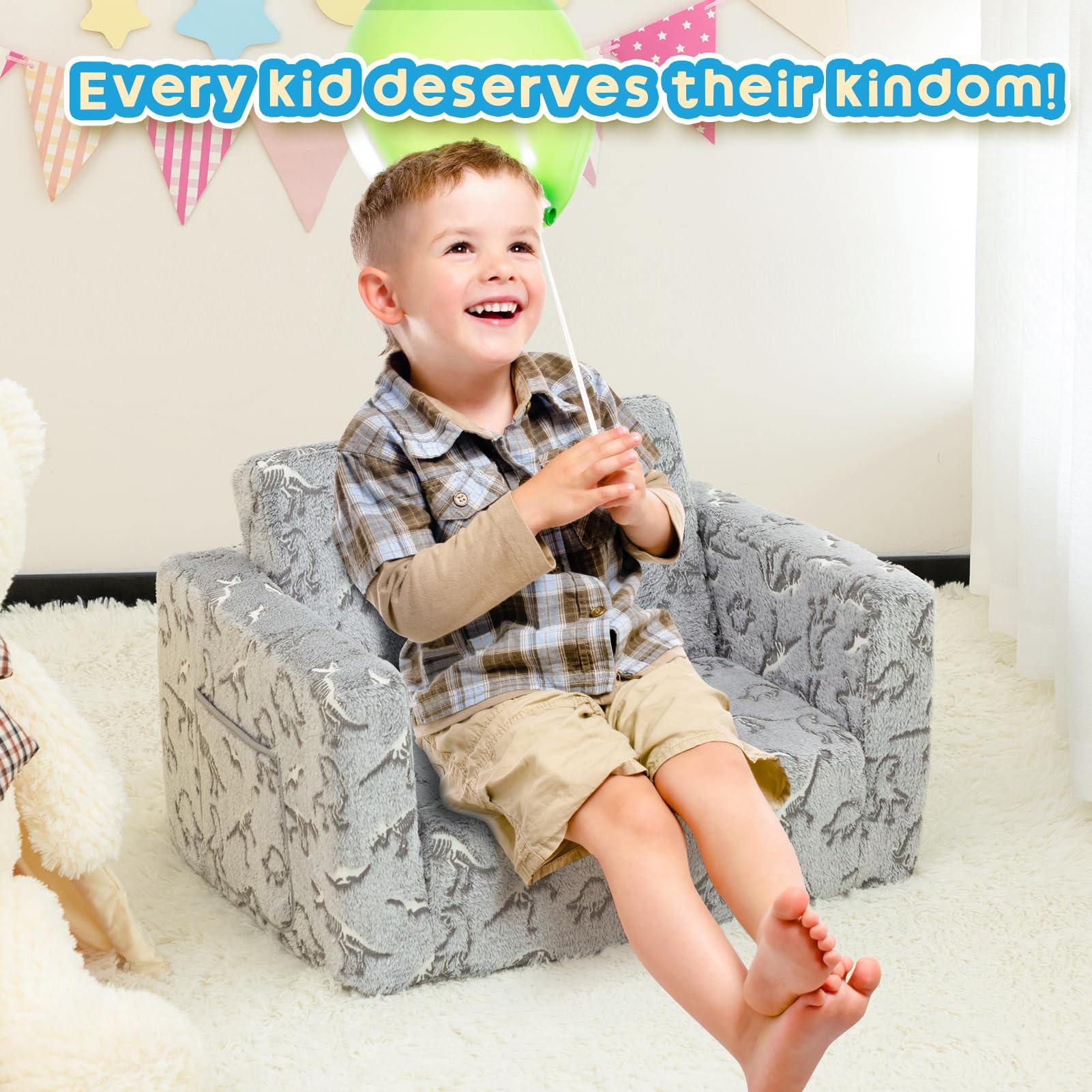 ALIMORDEN 2-in-1 Flip Out Cuddly Sherpa Toddler Couch, Convertible Sofa to Lounger, Glow in The Dark,Dinosaurs - Image 4