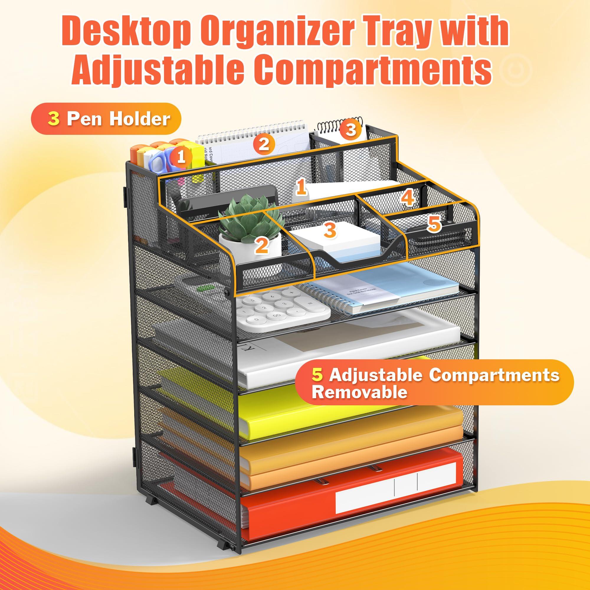 Docnest Multi-Functional Desk Organizer Tray, 6 Tier Paper Letter Tray Organizer with 3 Pen Holder, Mesh Desktop Organizer and Storage with 5 Adjustable Compartments for Office Supplies-Black - Image 5