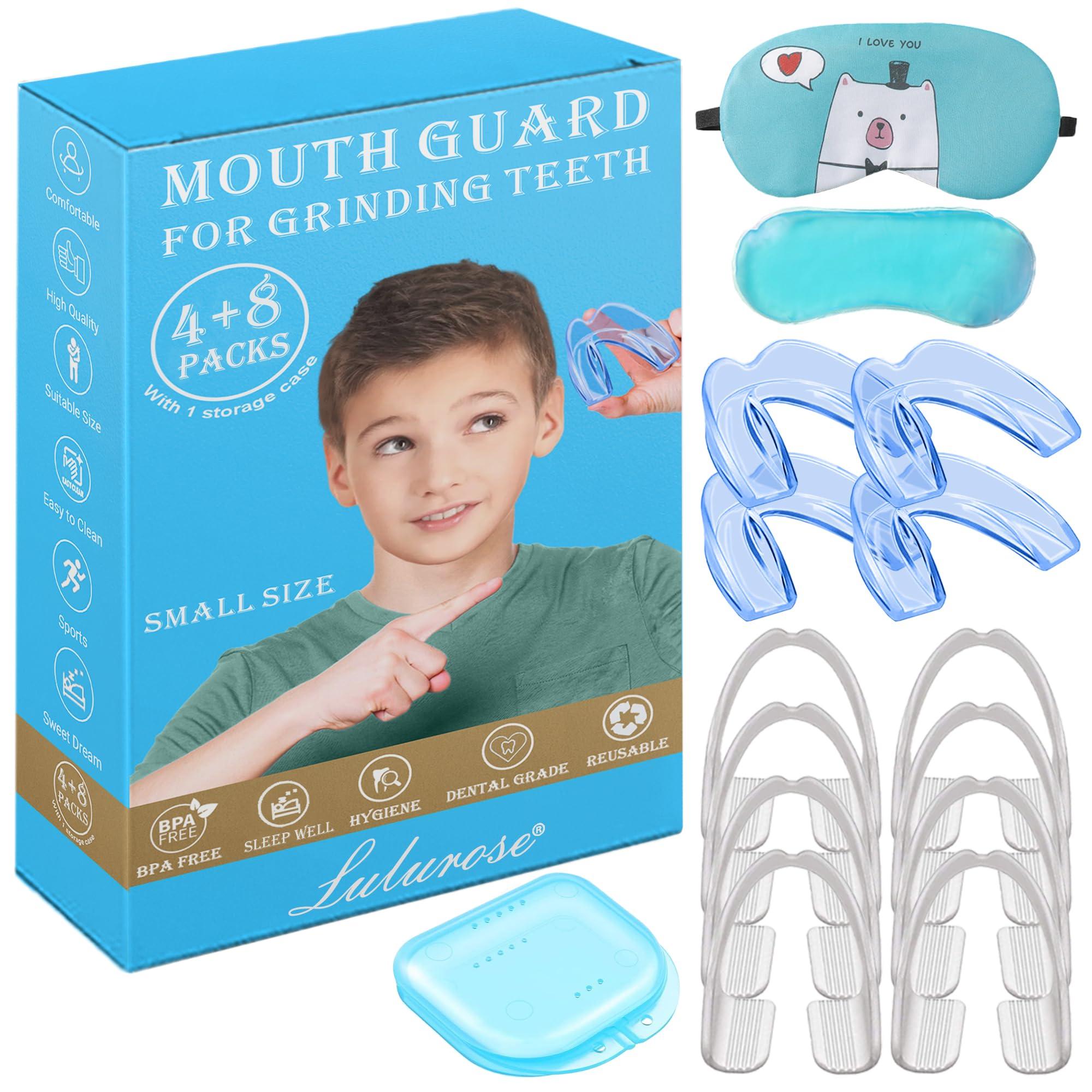 Kids Mouth Guard Moldable (4 Pack Blue) & Disposable Mouth Guard (8 pcs) for Grinding & Clenching Teeth | Comfortable Nighttime Protection Guard | Including Hygiene Case & Mask with Gel Ice Pack