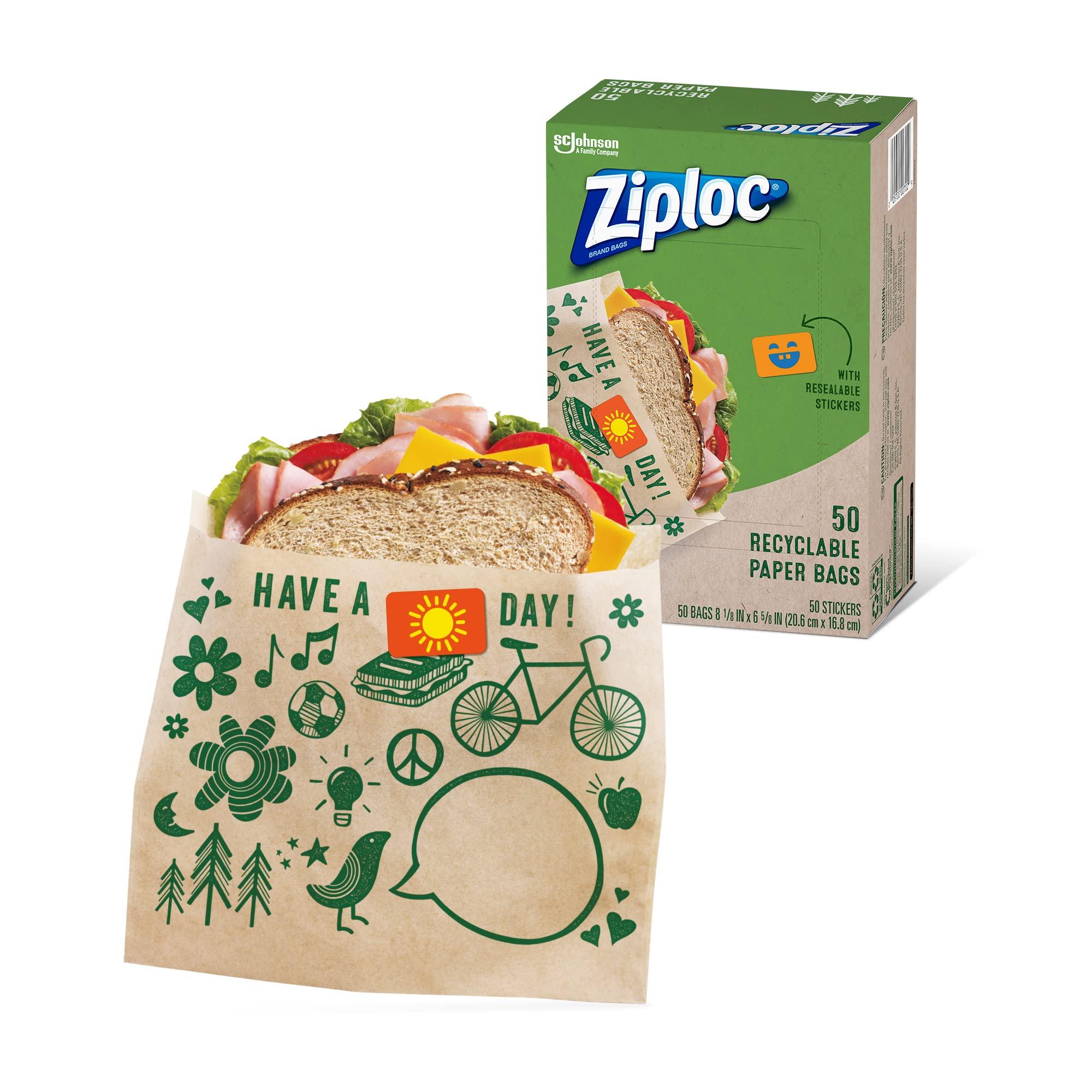 Ziploc Paper Sandwich and Snack Bags, Recyclable & Sealable with Fun Designs, 50 Bags Total