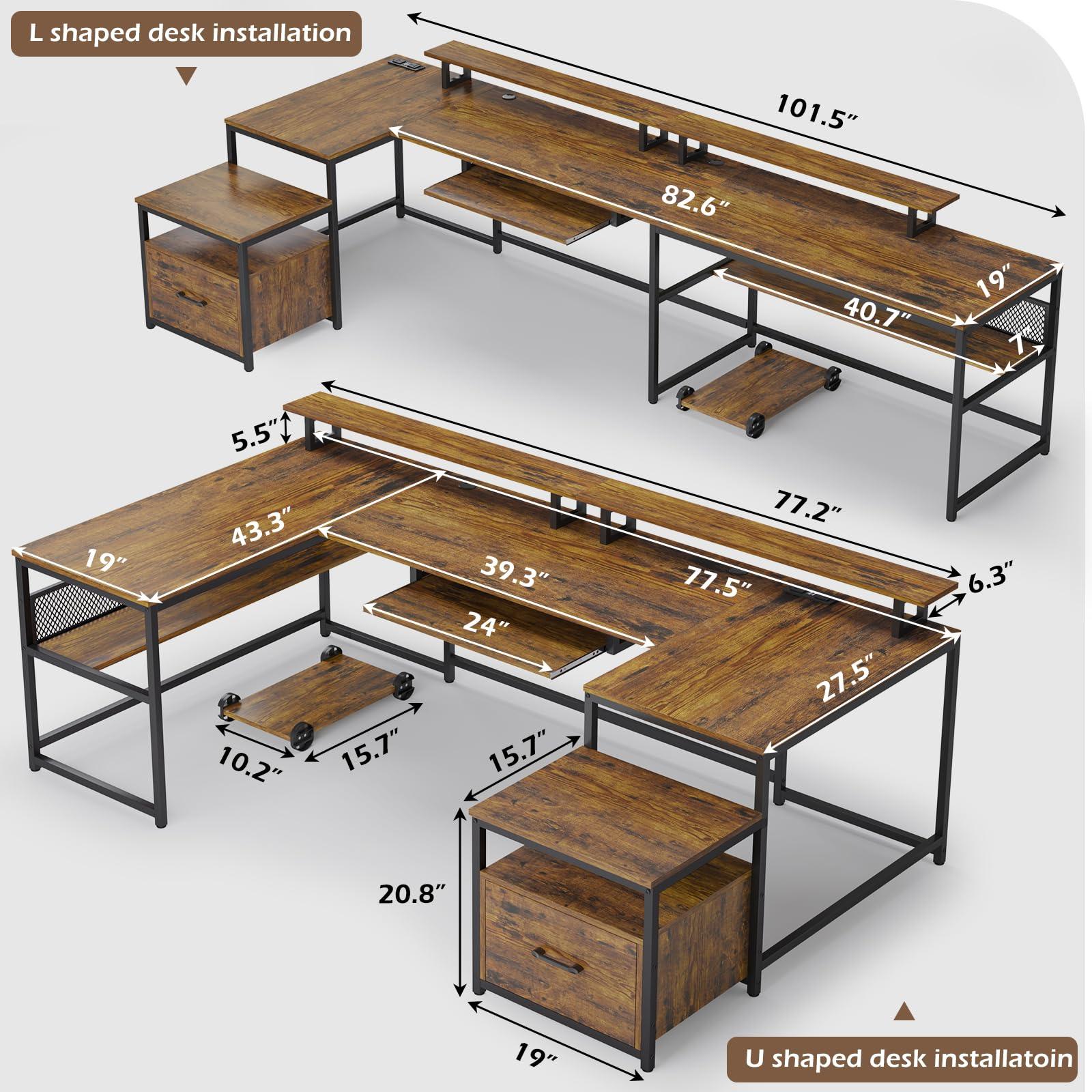 SEDETA U Shaped Desk, Reversible L Shaped Home Office Desk with File Drawer & Power Outlet, 101.5'' Computer Two Person Desk with Monitor Shelf, Keyboard Tray, Gaming Desk, Rustic Brown - Image 2