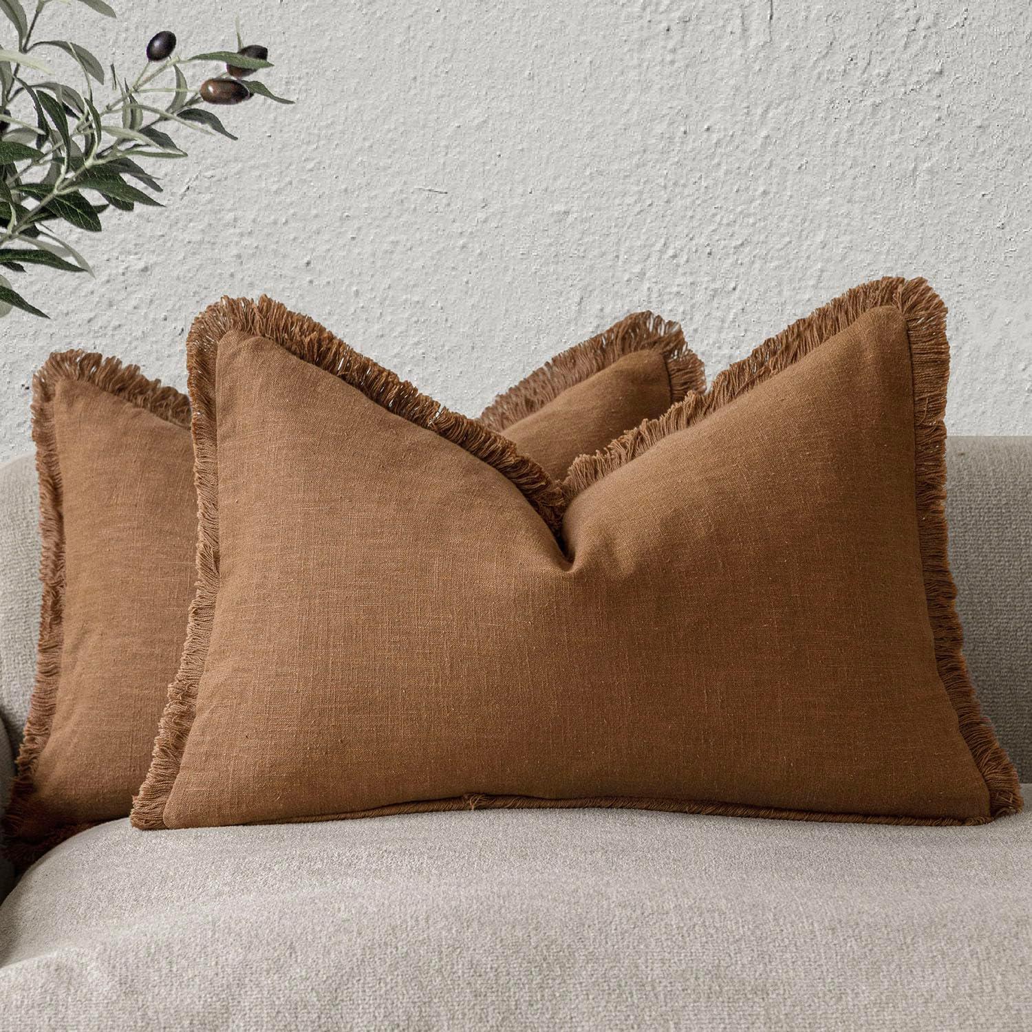 Foindtower Set of 2 Decorative Linen Fringe Throw Pillow Covers Cozy Farmhouse Cushion Cover with Tassels Lumbar Accent Pillowcase for Couch Bed Living Room Home Bedroom Decor, 12×24 Inch,Orange Brown