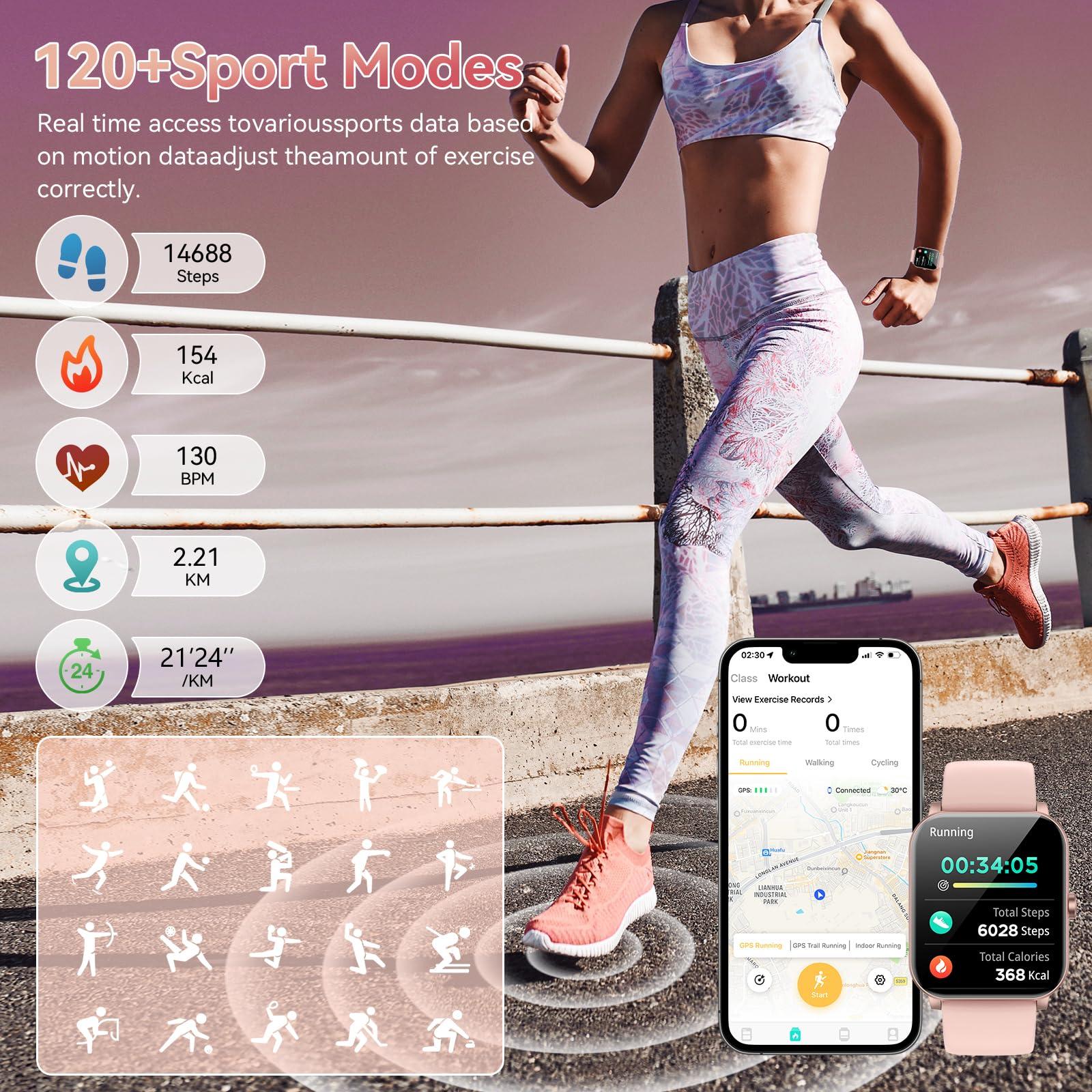 Smart Watch, 1.85" HD Smartwatch for Men Women (Answer/Make Calls), Fitness Watch with Heart Rate/Sleep/IP68 Waterproof/120+ Sports Modes, Pedometer, Android Smart Watch for Android iOS (Pink) - Image 3