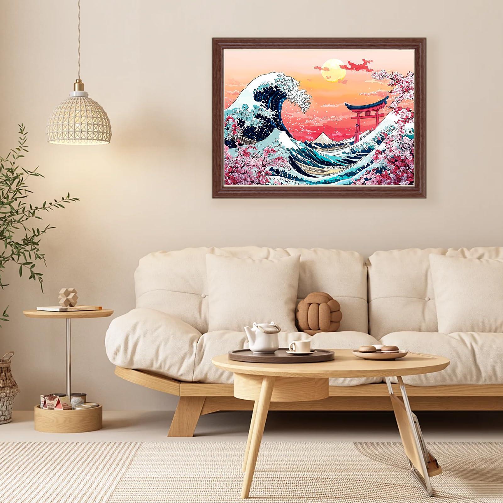 Lxmsja Cherry Blossom Diamond Art Kits for Adults, Great Wave DIY Full Drill Diamond Painting Kits for Beginners, 5D Gem Art Crafts for Adults, Home Wall Decor 16x12 inch - Image 2