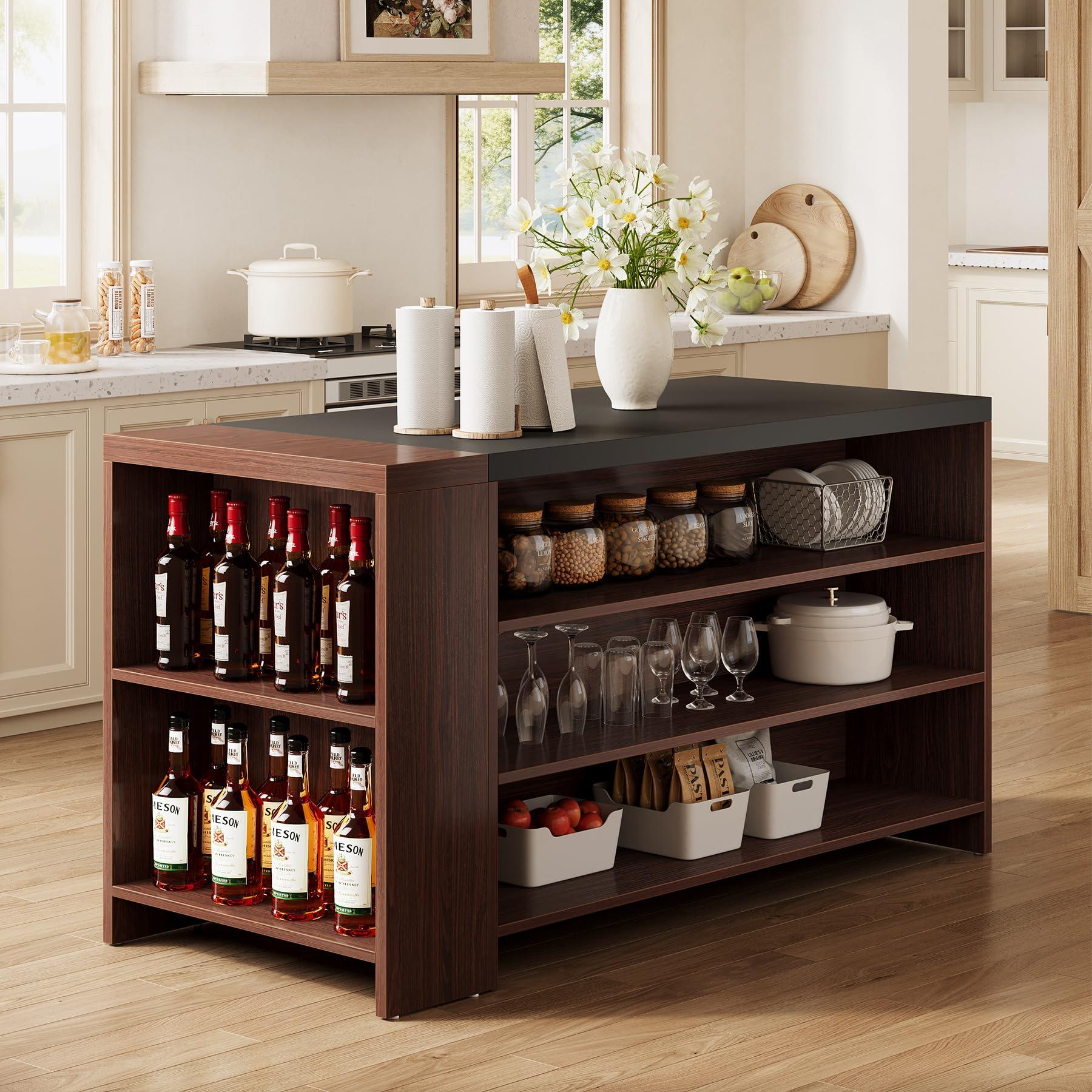 LITTLE TREE 55 Inches Modern Wooden Kitchen Island with Large Worktop & Leg Room, 4-Tier Storage Cabinet for Dining Room, Coffee Bar Table Cabinet for Living Room - Image 2
