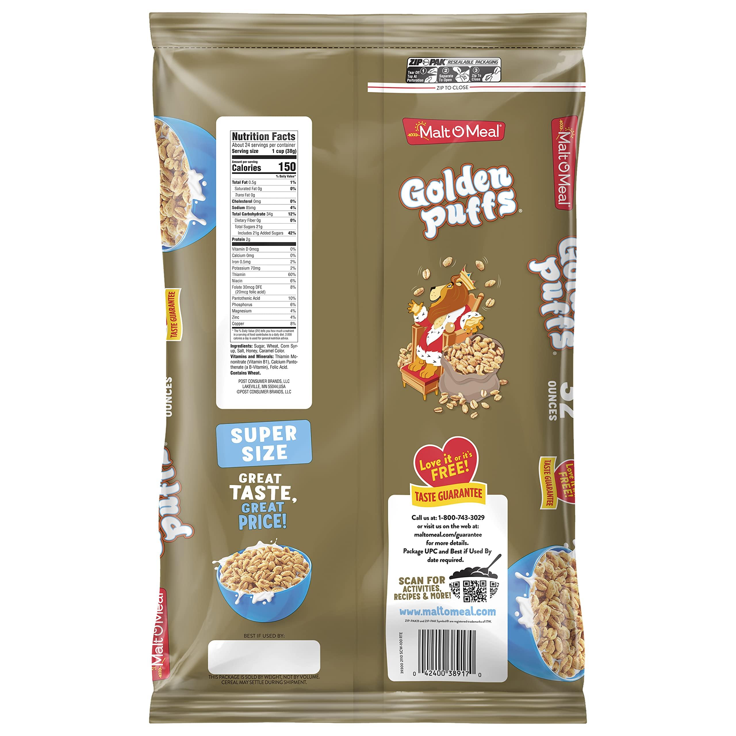 Malt-O-Meal Golden Puffs Sweetened Puffed Wheat Breakfast Cereal, Bulk Family Size, 32 oz Resealable Bag - Image 2