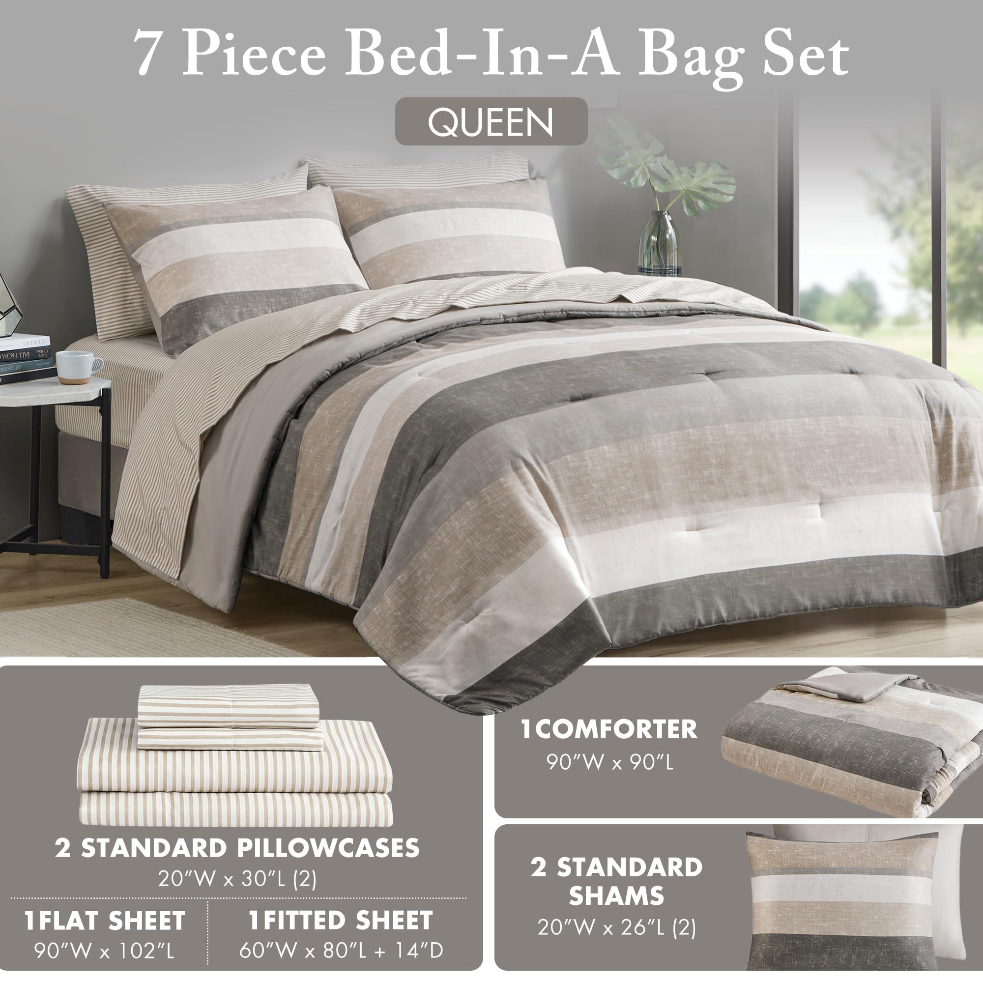 Madison Park Essentials Queen Comforter Set, Bed in A Bag Comforter & Sheet Set, Modern Casual Stripes Print, All Seasons, Soft Microfiber Bedding Makeover, Matching Shams, Queen Taupe/Grey 7 Piece - Image 5