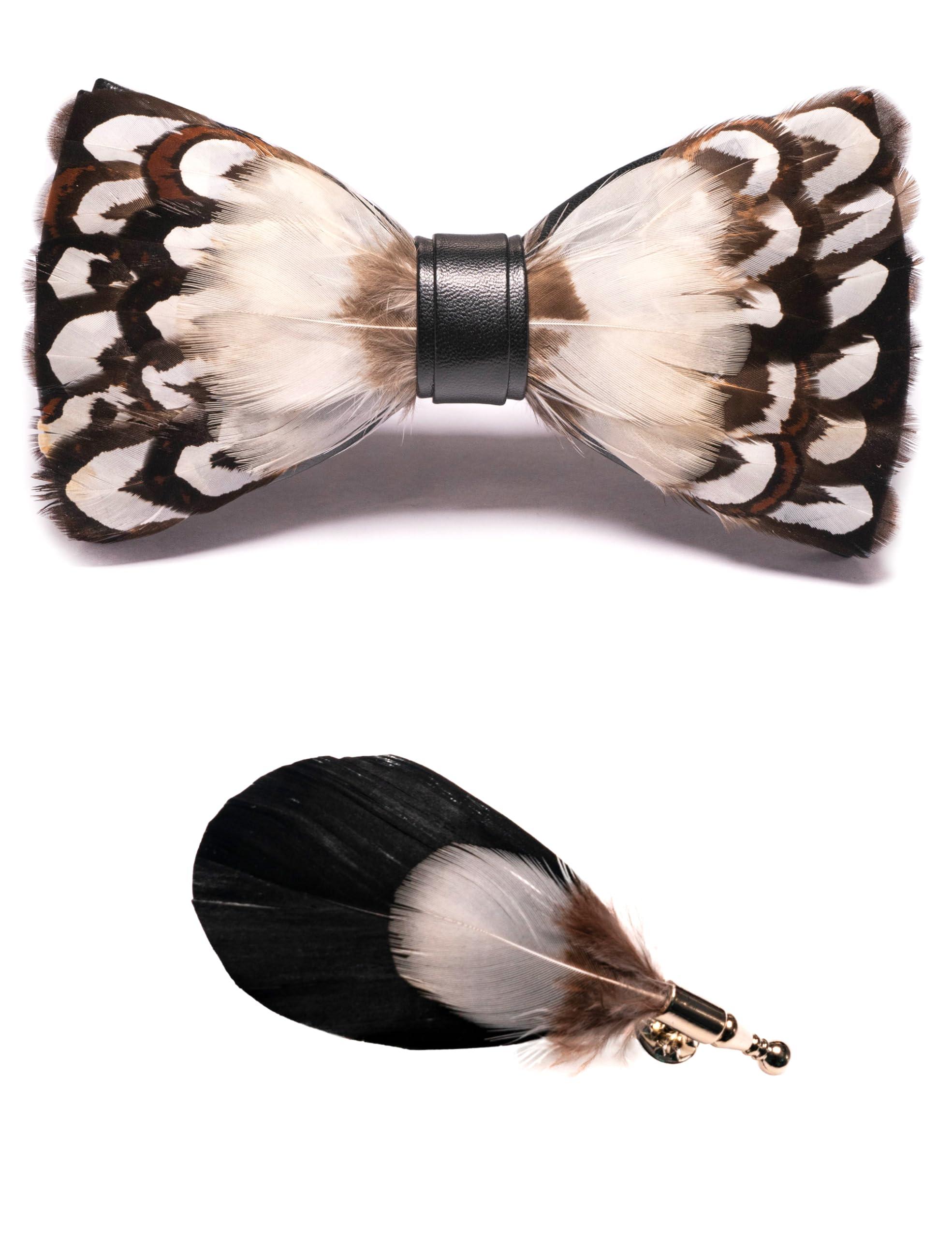 RBOCOTT Handmade Feather Pre-tied Bow tie and Brooch Sets for Men