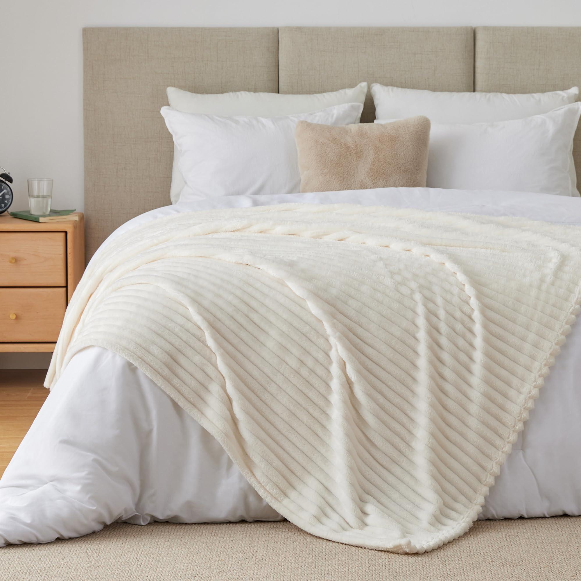 BEDELITE Fleece Throw Blanket for Couch - 300GSM Soft & Warm Fluffy Cream White Blanket, Decorative and Giftable Striped Blankets for Women, Men, 50"x60" - Image 8