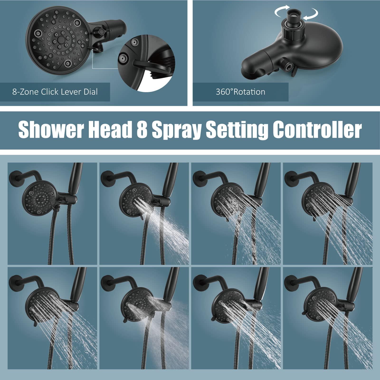 Aolemi Tub Shower Faucet Set with Tub Spout Rain Shower Head System Shower Trim Kit Pressure Rough-in Valve Included ABS 8 Setting Dual Shower Head and Handheld Spray Matte Black - Image 4