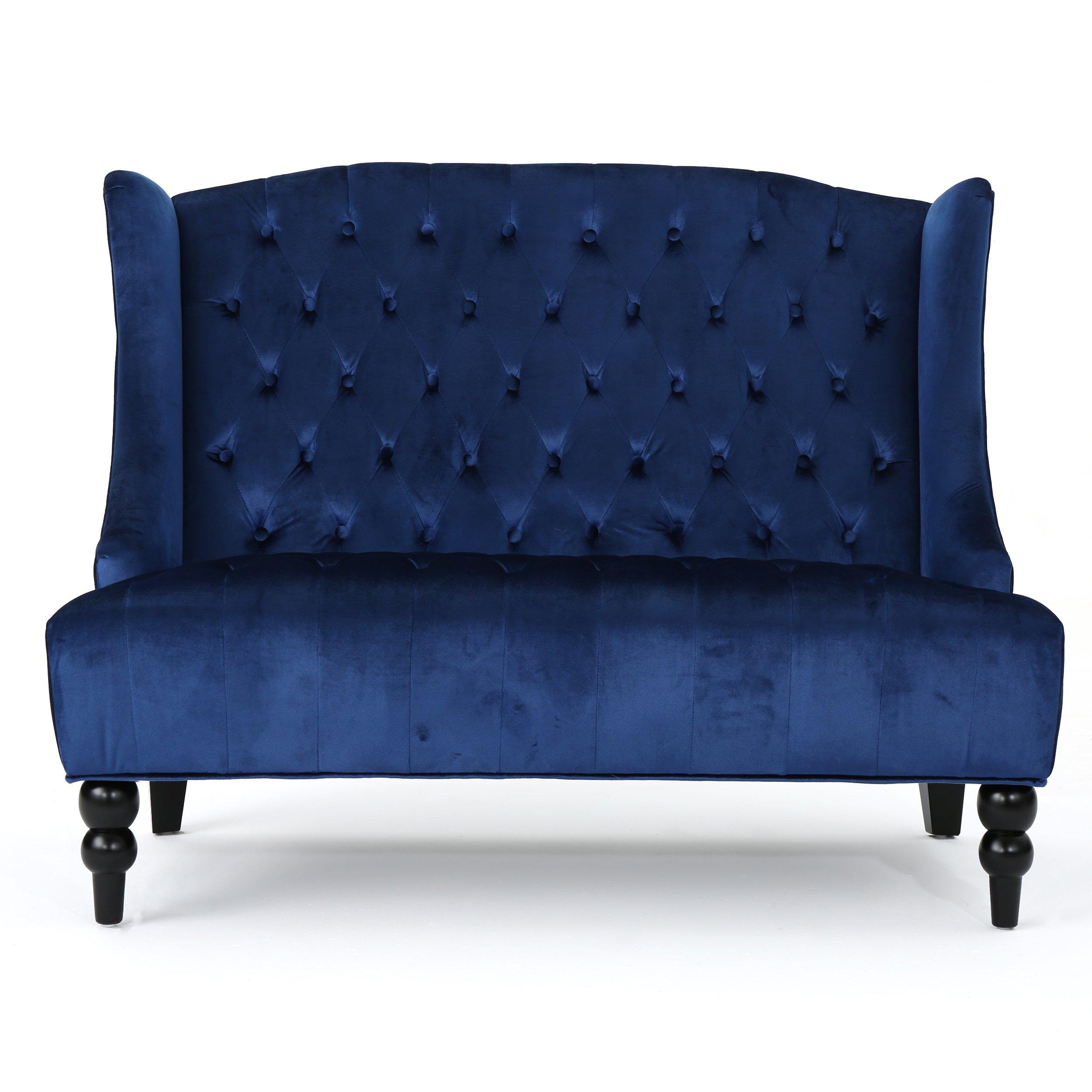 Christopher Knight Home Leora Traditional Tufted Velvet Wingback Loveseat, Navy Blue / Dark Brown