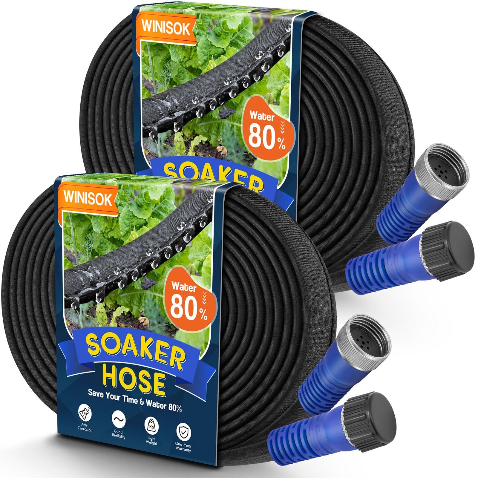 Winisok 100FT Thickened Flat Soaker Hose, Heavy Duty Double Layer Watering Hoses, Save 80% Water, Flexible Leakproof, Drip Irrigation Tubing for Garden Beds and Lawns (50 FT x 2Pack)
