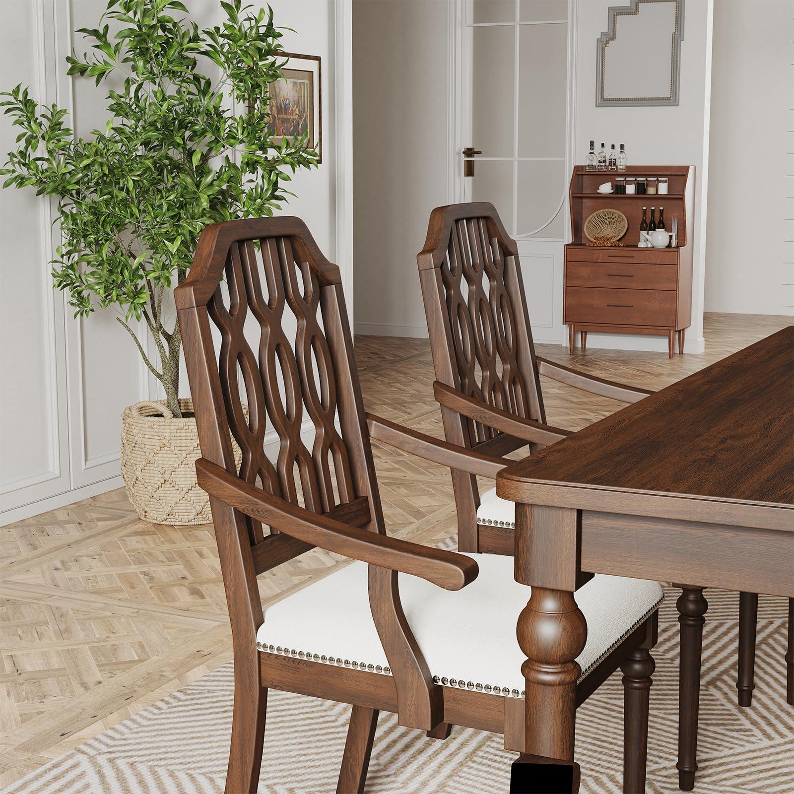 Kmax Dining Chairs Set of 4 Light Luxury Carving Craft Dining Room Chair with Brown Wood Frame Upholstered Seat Arm Chair with Lattice Back for Kitchen, White Chenille - Image 6