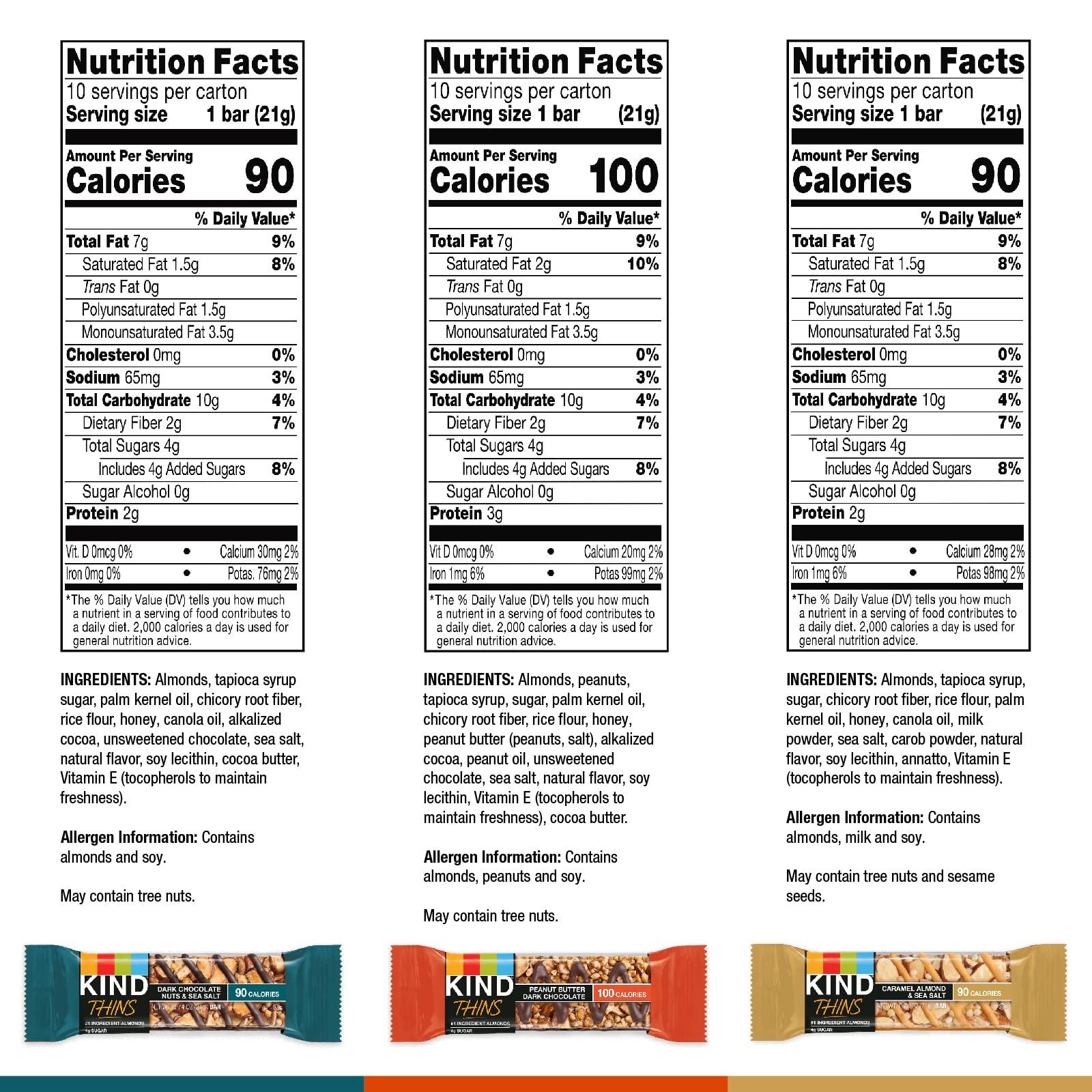KIND Thins Snack Bar, Variety Pack, Dark Chocolate Nuts & Sea Salt, Caramel Nuts & Sea Salt and Peanut Butter Dark Chocolate, Low Calorie Snacks, Gluten Free, Low Sugar, 2-3g Protein, 30 Count - Image 2