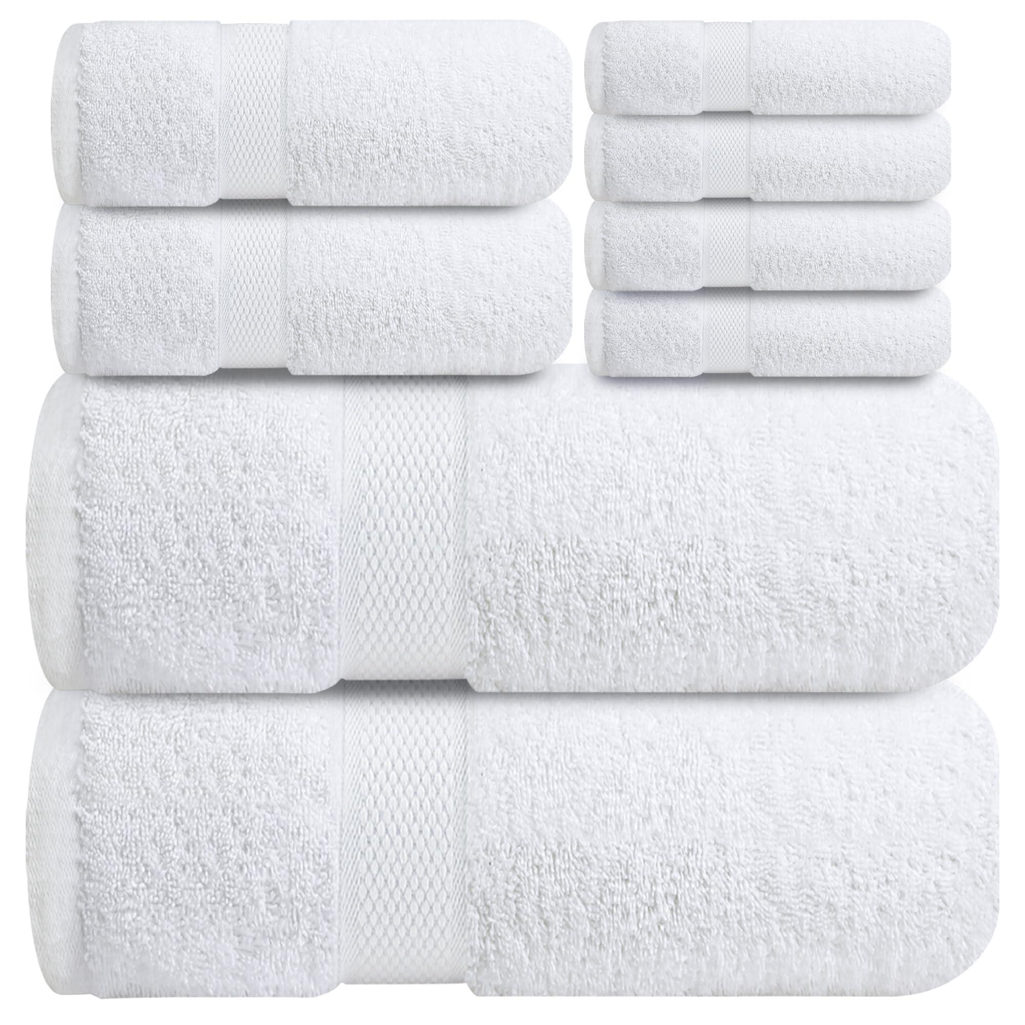 Infinitee Xclusives Luxury 100% Cotton Towel Set – 8 Piece Bathroom Towel Set (2 Bath Towels, 2 Hand Towels, 4 Washcloths) – Soft & Absorbent Towels for Bathroom (Brilliant White)