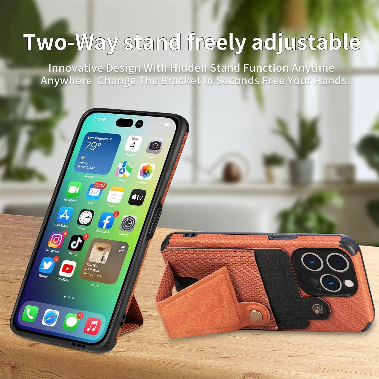 GuluGuru for iPhone 16 Pro Max Leather Phone Case Weave Pattern Back Cover, Flip Folding Kickstand Bracket Ring, Classic Buckle Button, Card Holder Slot, Support Magnetic Holder Brown - Image 2