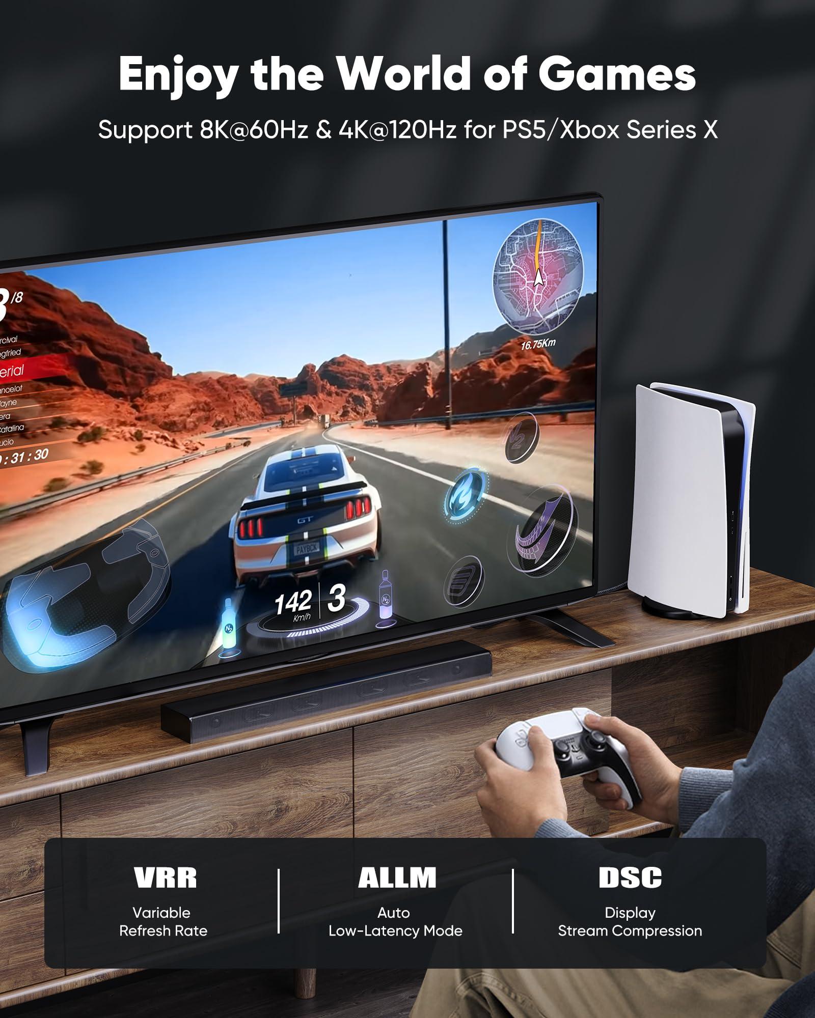 Capshi 6.6ft 8K 4K@120Hz HDMI Cable 2.1, 48Gbps High Speed Cord for PS5/4, TV, Gaming Console, Monitor, 8K@60Hz, 2K@240Hz, 144Hz, Support HDR, eARC, DTS:X, HDCP 2.2 & 2.3, Braided, Grey - Image 3