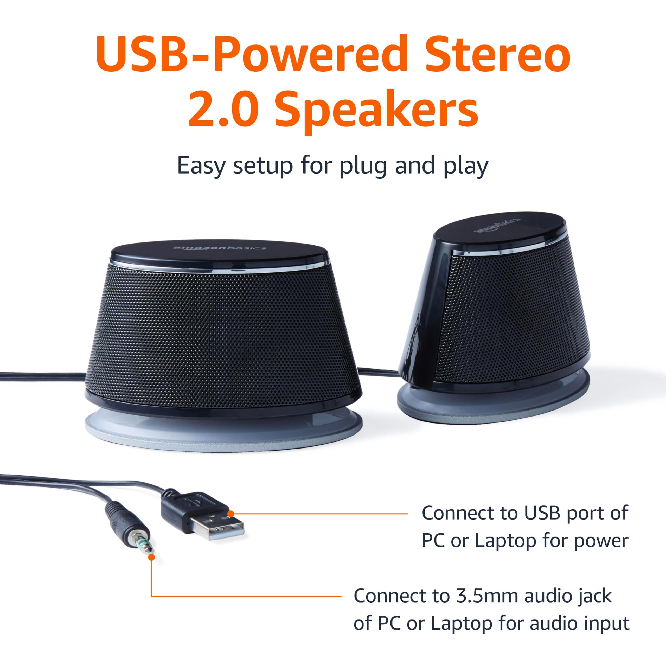 Amazon Basics Stereo 2.0 Speakers for PC or Laptop, 3.5mm Aux input, USB-Powered, 1 Pair, Black - Image 2