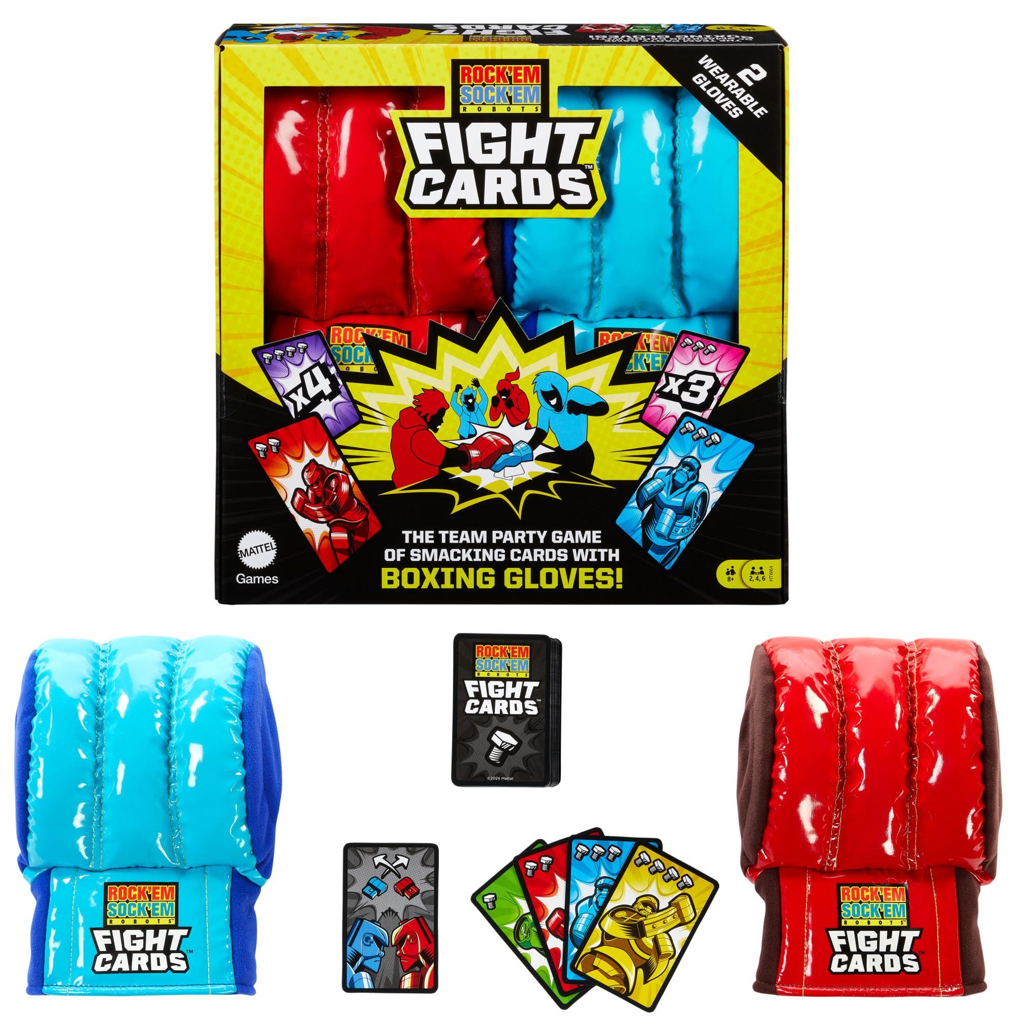 Mattel Games Rock ‘Em Sock ‘Em Robots Fight Cards Card Game, Team Party Game for Kids & Adults with 2 Boxing Gloves