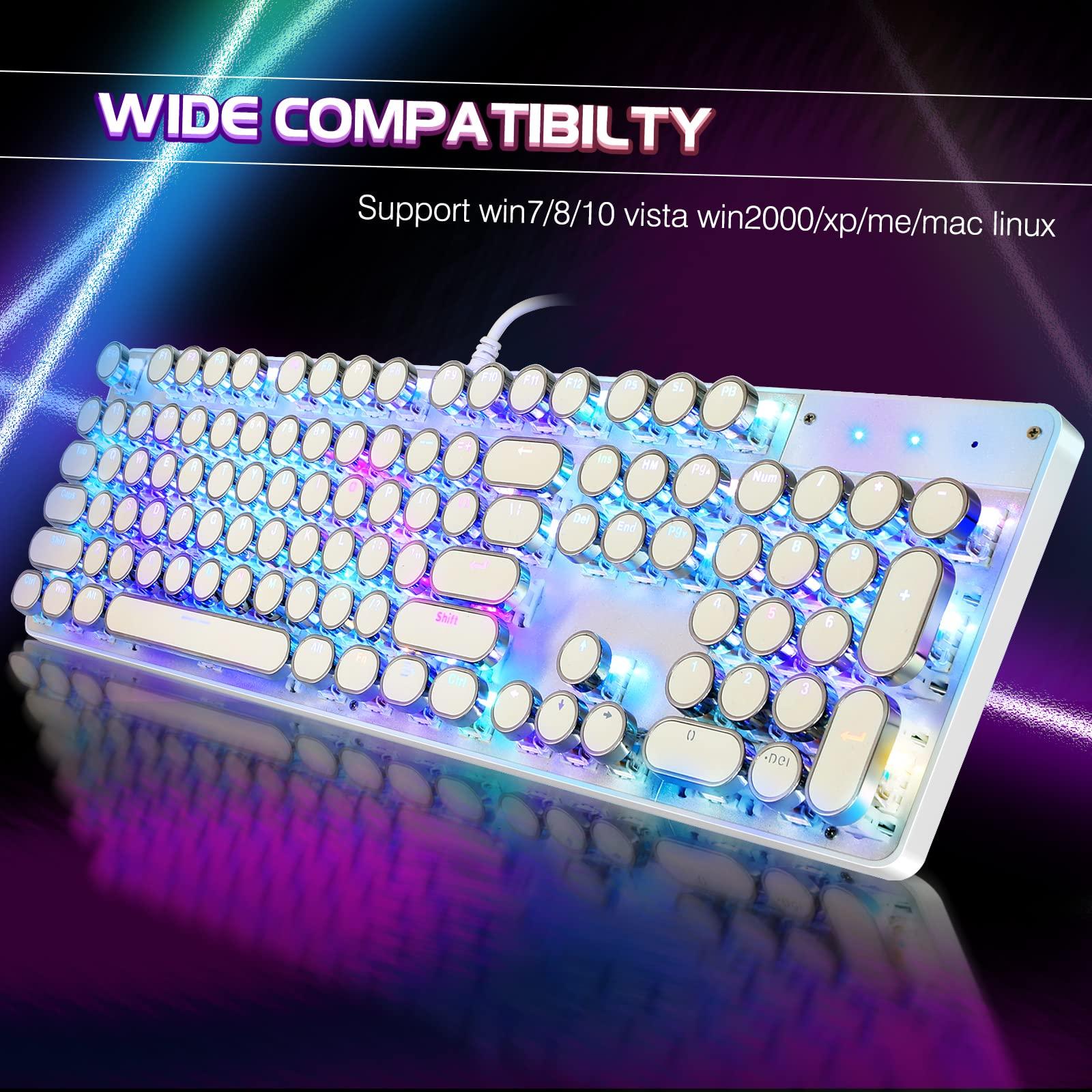 YSCP Typewriter Style Mechanical Gaming Keyboard RGB Backlit Wired with Blue Switch Retro Round Keycap 104 Keys Keyboard (White 104 Keys RGB) - Image 6