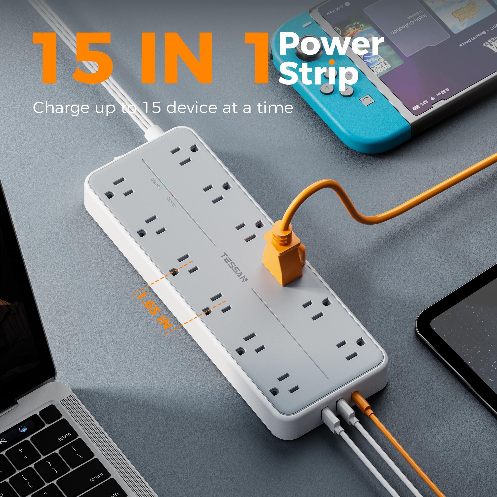 Surge Protector Power Strip, TESSAN Extension Cord with Multiple Outlets, 12 AC Outlets, 3 USB Ports(1 USB C), Flat Wall Plug, 5 Ft, 1700 Joules Protection for Home Office Dorm Room Essentials - Image 2