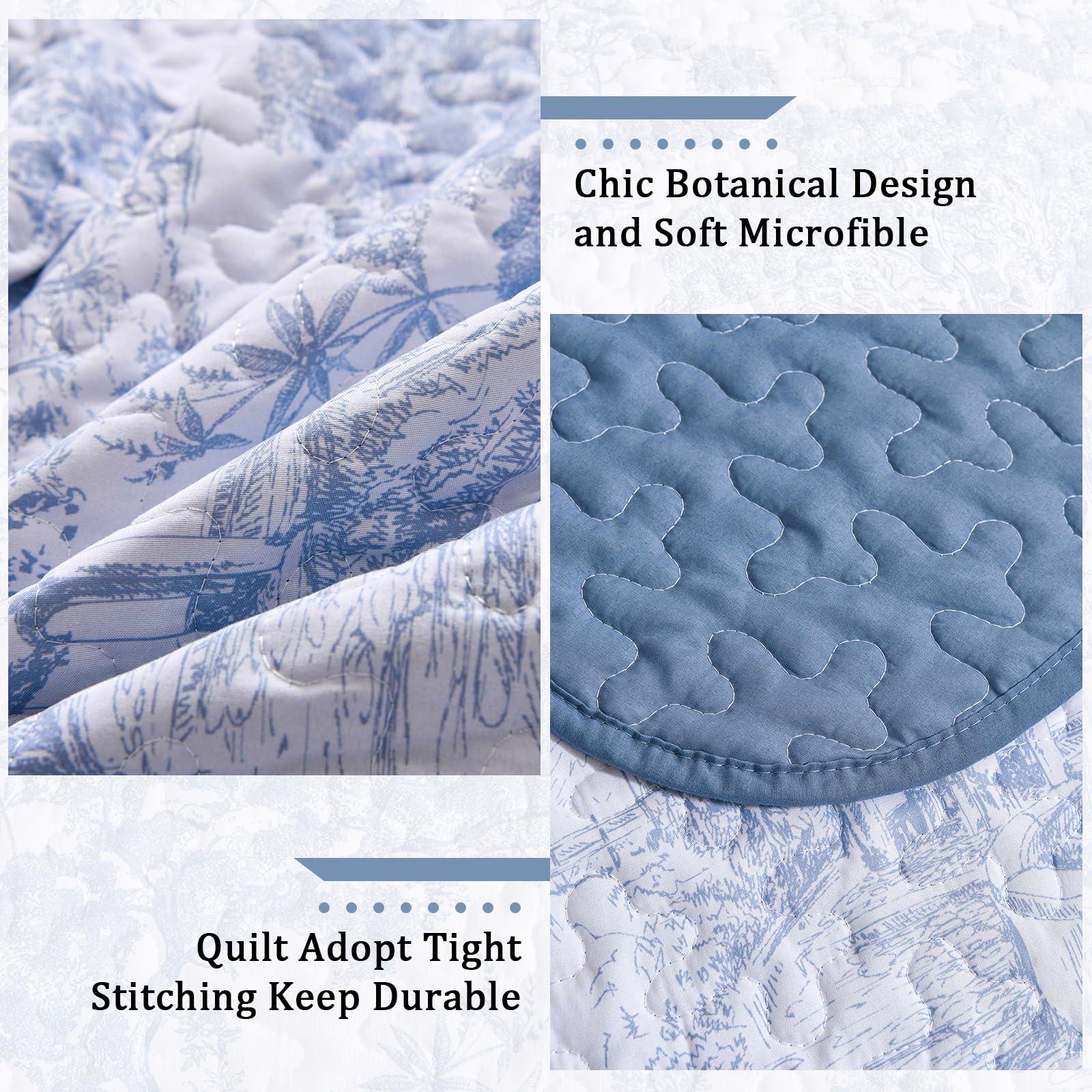 WONGS BEDDING Blue Quilt Set King Size, 3 Pieces Botanical Bedspreads Set Lightweight Microfiber Blue Toile Plants Pattern Coverlet Home Decor for All Seasons(104"×90") - Image 5